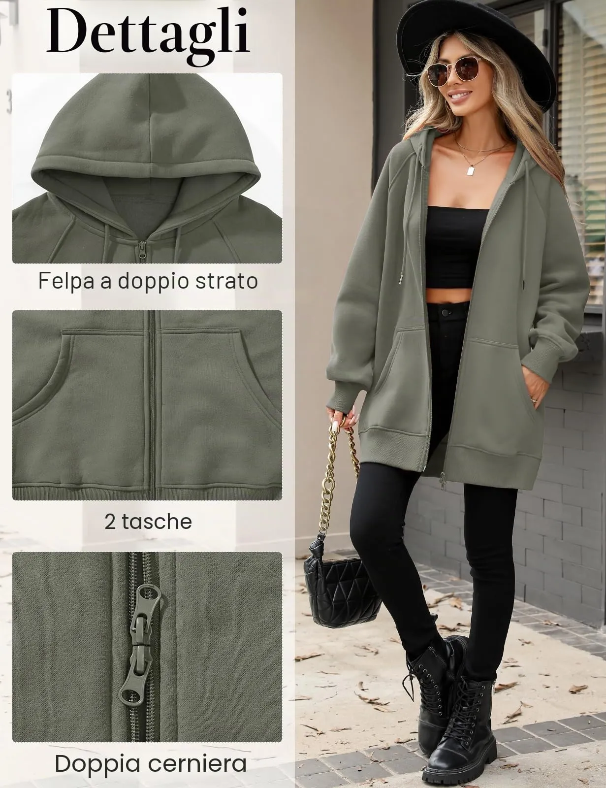 CMTOP Felpa Donna con Zip Lunga in Pile Casual Cotone Felpa con Cappuccio a Manica Lunga, Tinta Unita Classica Basic Felpe, Autunno Primavera Hoodie Sweatshirt con Tasche(Grigio Scuro,XXL) - immagine 3