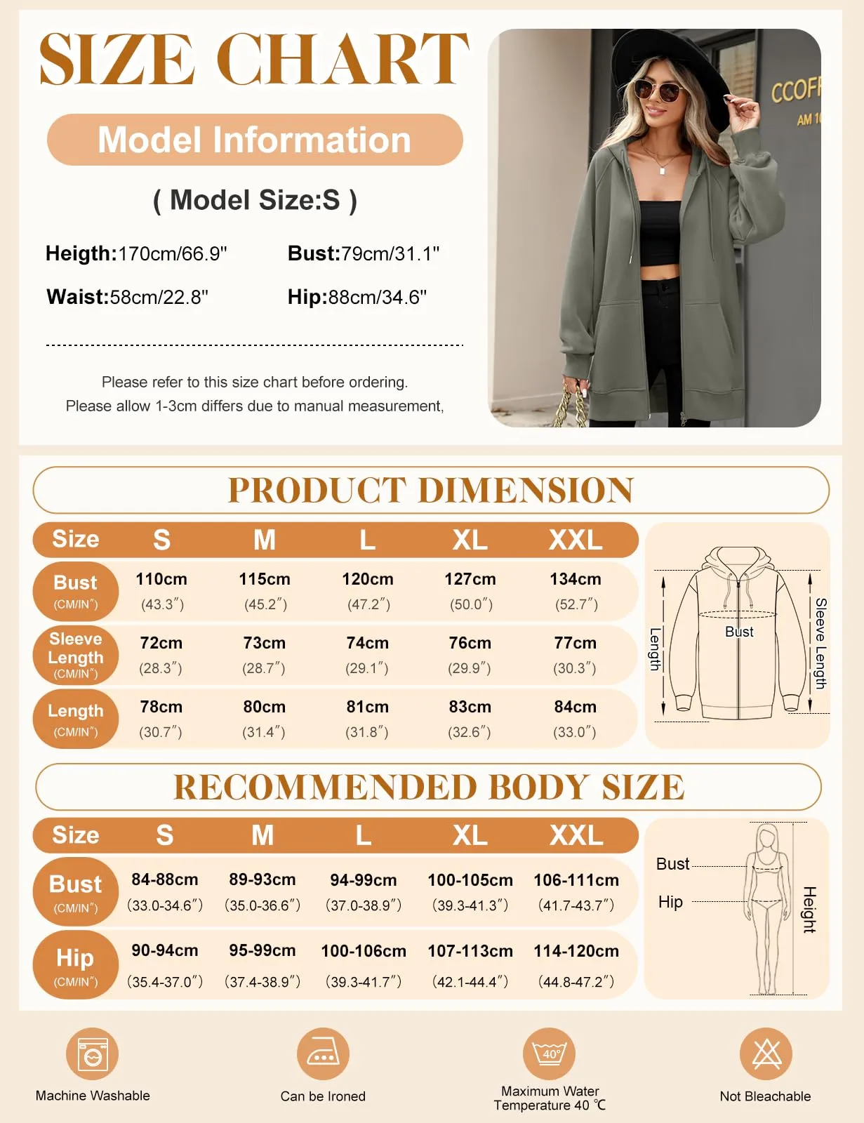 CMTOP Felpa Donna con Zip Lunga in Pile Casual Cotone Felpa con Cappuccio a Manica Lunga, Tinta Unita Classica Basic Felpe, Autunno Primavera Hoodie Sweatshirt con Tasche(Grigio Scuro,XXL) - immagine 4