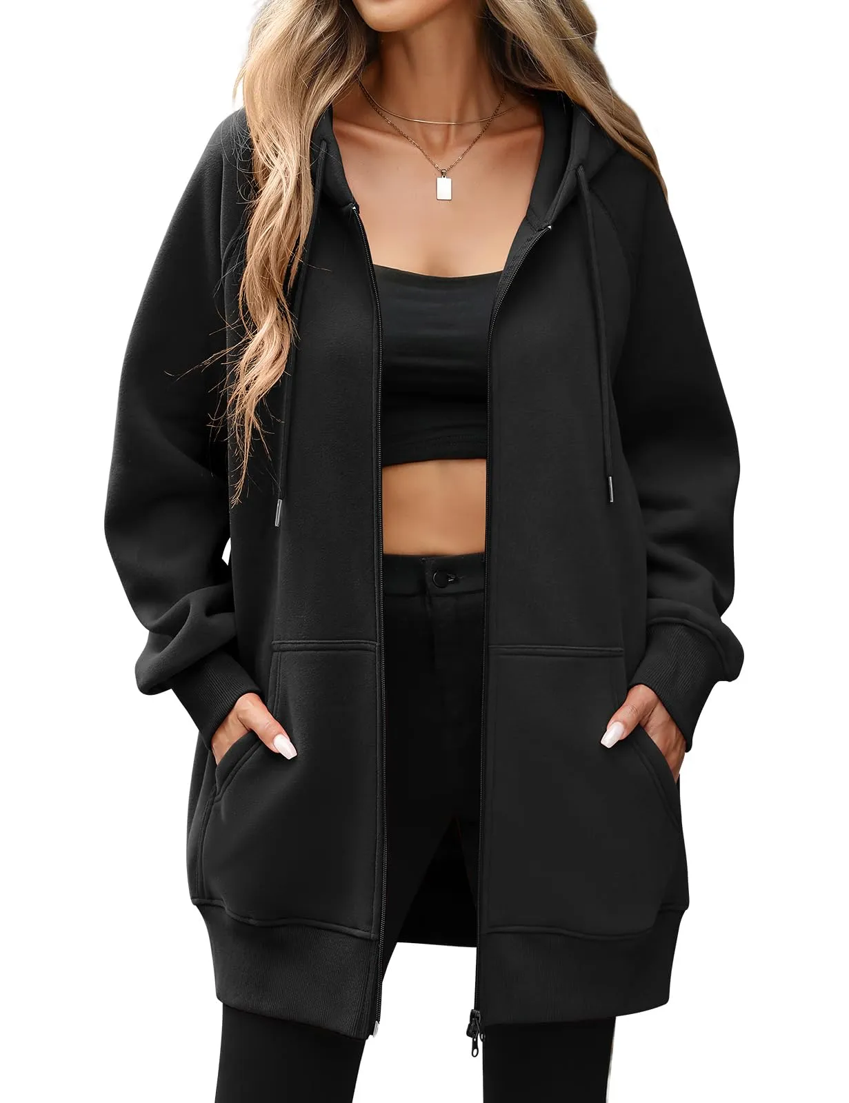 CMTOP Felpa Donna con Zip Lunga in Pile Casual Cotone Felpa con Cappuccio a Manica Lunga, Tinta Unita Classica Basic Felpe, Autunno Primavera Hoodie Sweatshirt con Tasche(Nero,L) - immagine 1