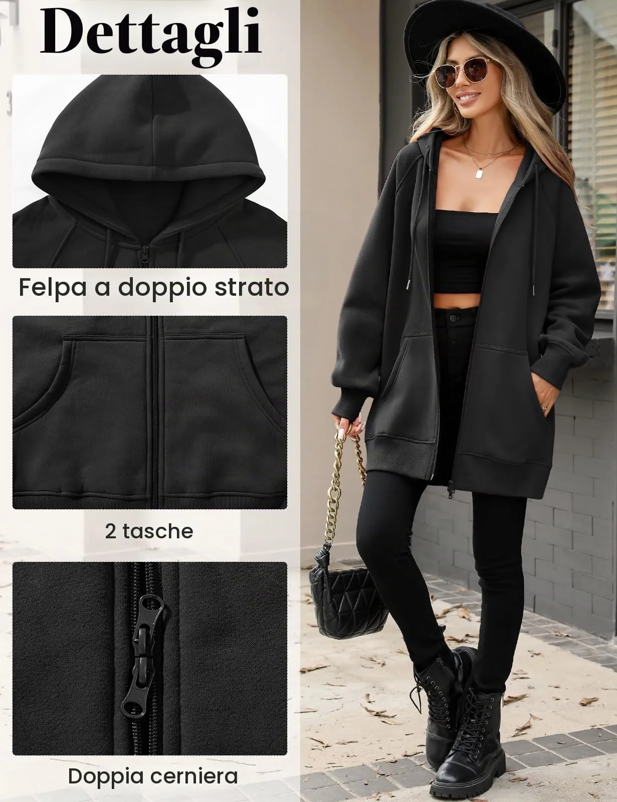 CMTOP Felpa Donna con Zip Lunga in Pile Casual Cotone Felpa con Cappuccio a Manica Lunga, Tinta Unita Classica Basic Felpe, Autunno Primavera Hoodie Sweatshirt con Tasche(Nero,L) - immagine 3