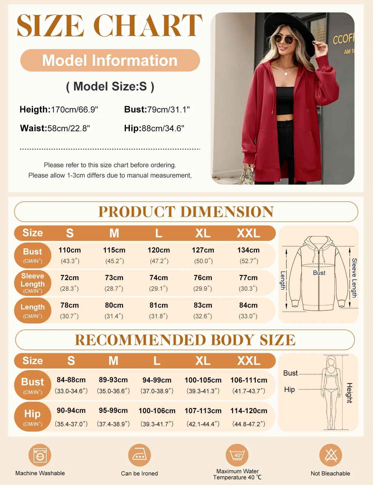 CMTOP Felpa Donna con Zip Lunga in Pile Casual Cotone Felpa con Cappuccio a Manica Lunga, Tinta Unita Classica Basic Felpe, Autunno Primavera Hoodie Sweatshirt con Tasche(Borgogna,XL) - immagine 4