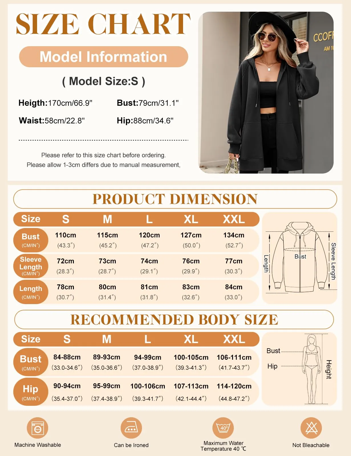 CMTOP Felpa Donna con Zip Lunga in Pile Casual Cotone Felpa con Cappuccio a Manica Lunga, Tinta Unita Classica Basic Felpe, Autunno Primavera Hoodie Sweatshirt con Tasche(Nero,XL) - immagine 4