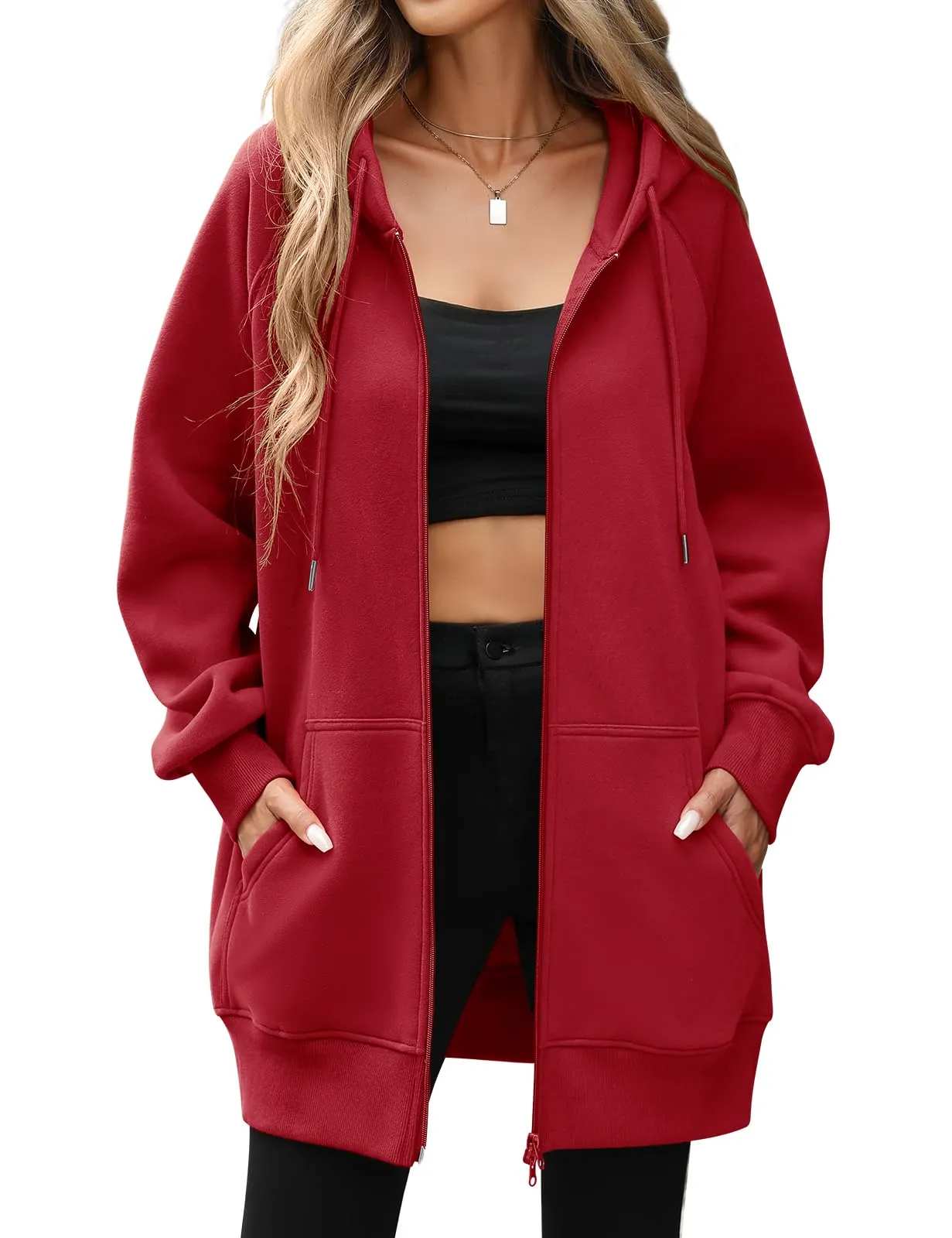 CMTOP Felpa Donna con Zip Lunga in Pile Casual Cotone Felpa con Cappuccio a Manica Lunga, Tinta Unita Classica Basic Felpe, Autunno Primavera Hoodie Sweatshirt con Tasche(Borgogna,L) - immagine 1