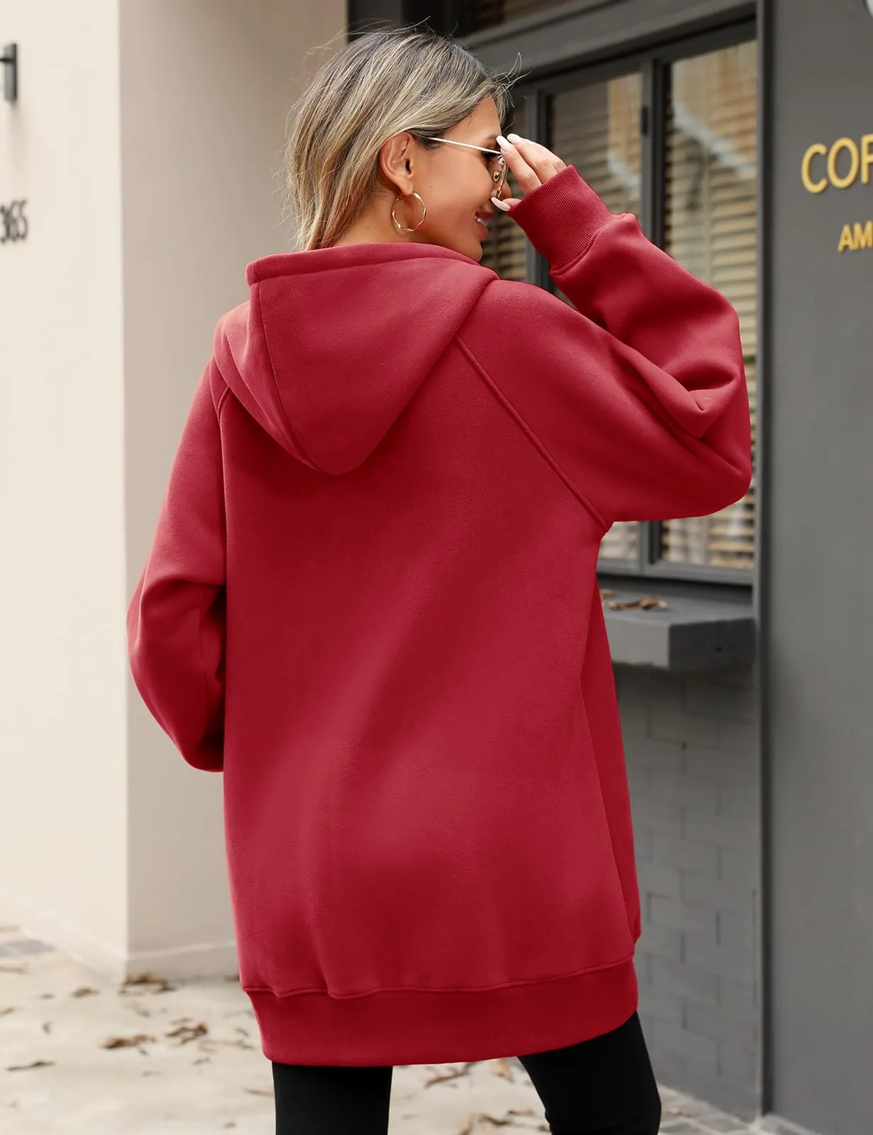 CMTOP Felpa Donna con Zip Lunga in Pile Casual Cotone Felpa con Cappuccio a Manica Lunga, Tinta Unita Classica Basic Felpe, Autunno Primavera Hoodie Sweatshirt con Tasche(Borgogna,L) - immagine 2