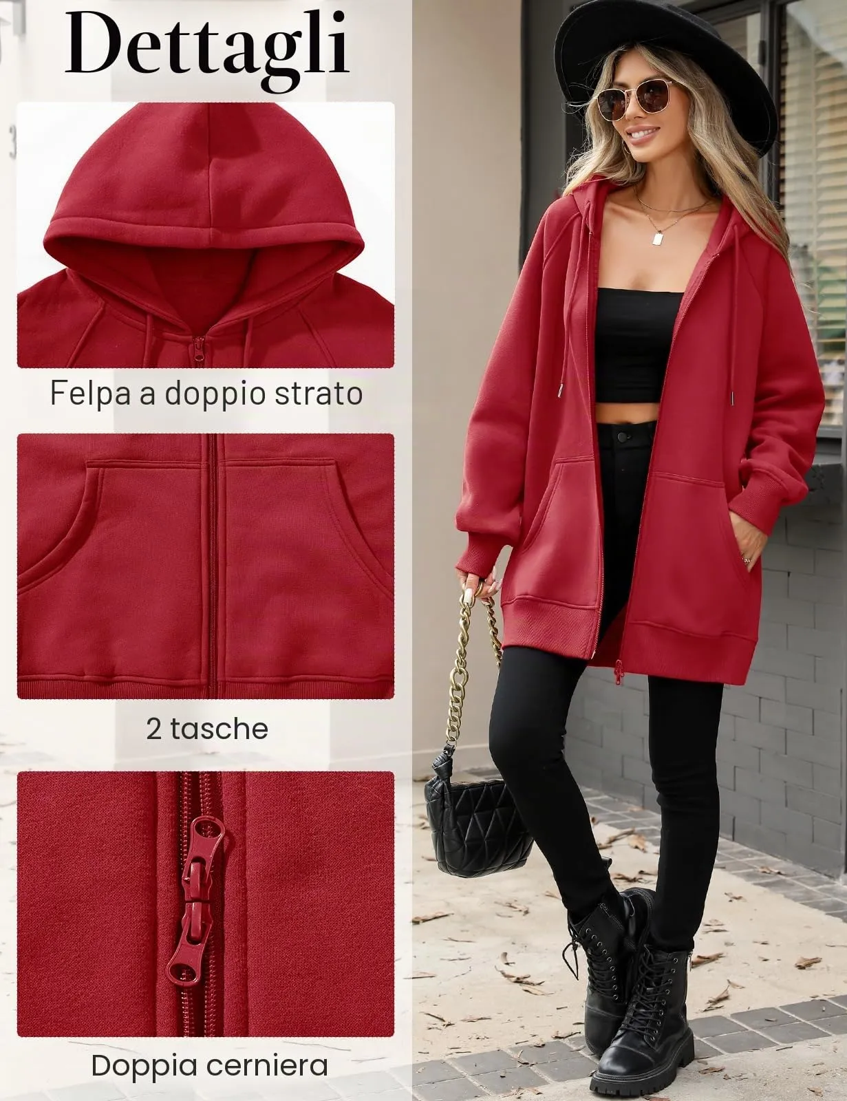 CMTOP Felpa Donna con Zip Lunga in Pile Casual Cotone Felpa con Cappuccio a Manica Lunga, Tinta Unita Classica Basic Felpe, Autunno Primavera Hoodie Sweatshirt con Tasche(Borgogna,L) - immagine 3