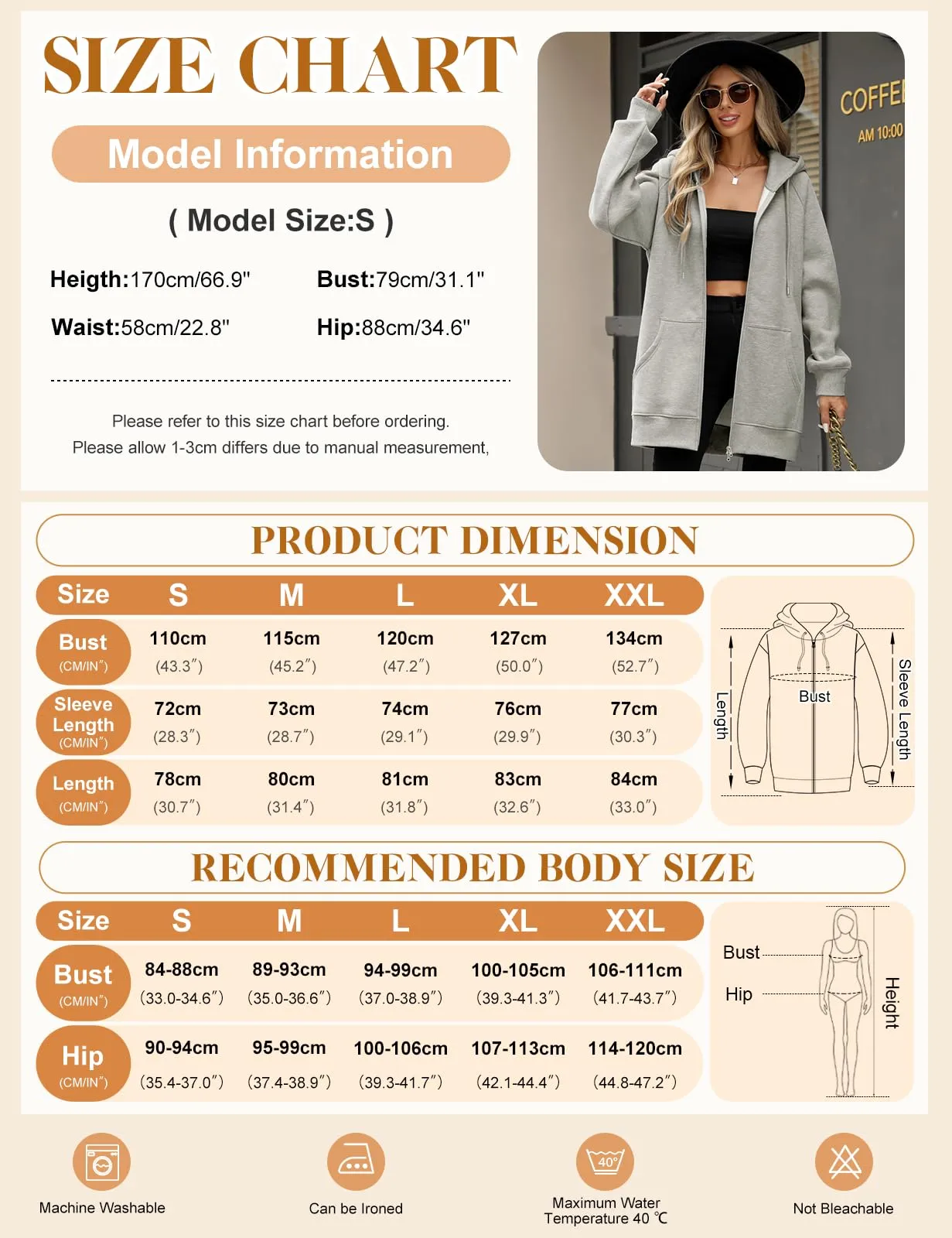 CMTOP Felpa Donna con Zip Lunga in Pile Casual Cotone Felpa con Cappuccio a Manica Lunga, Tinta Unita Classica Basic Felpe, Autunno Primavera Hoodie Sweatshirt con Tasche(Grigio Chiaro,M) - immagine 4