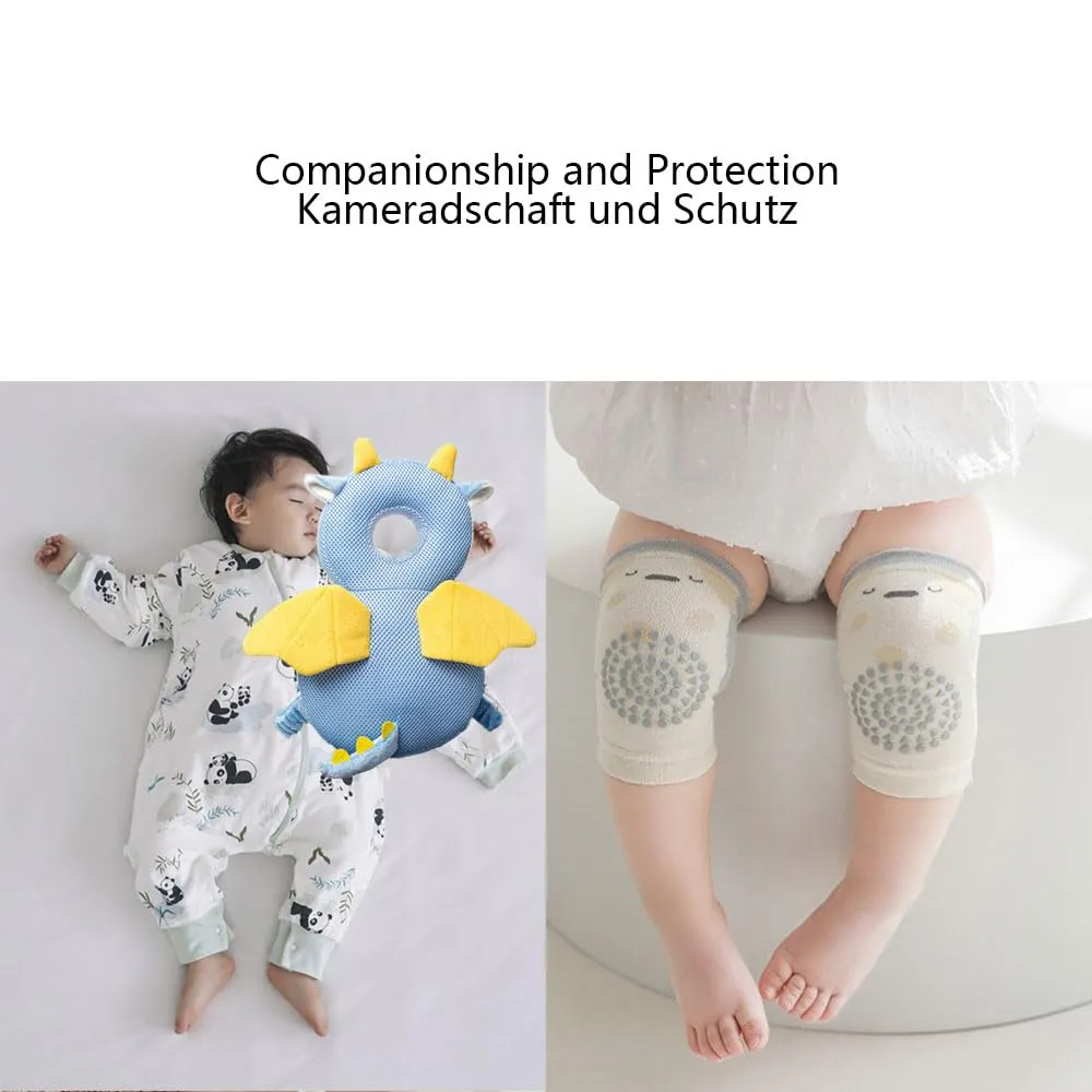 Furforstk protezione testa bambino con ginocchiere caschetto primi passi Traspirante casco neonato primi passi per gattonare e camminare, Regolabile (Drago) Il bambino non resiste - immagine 3