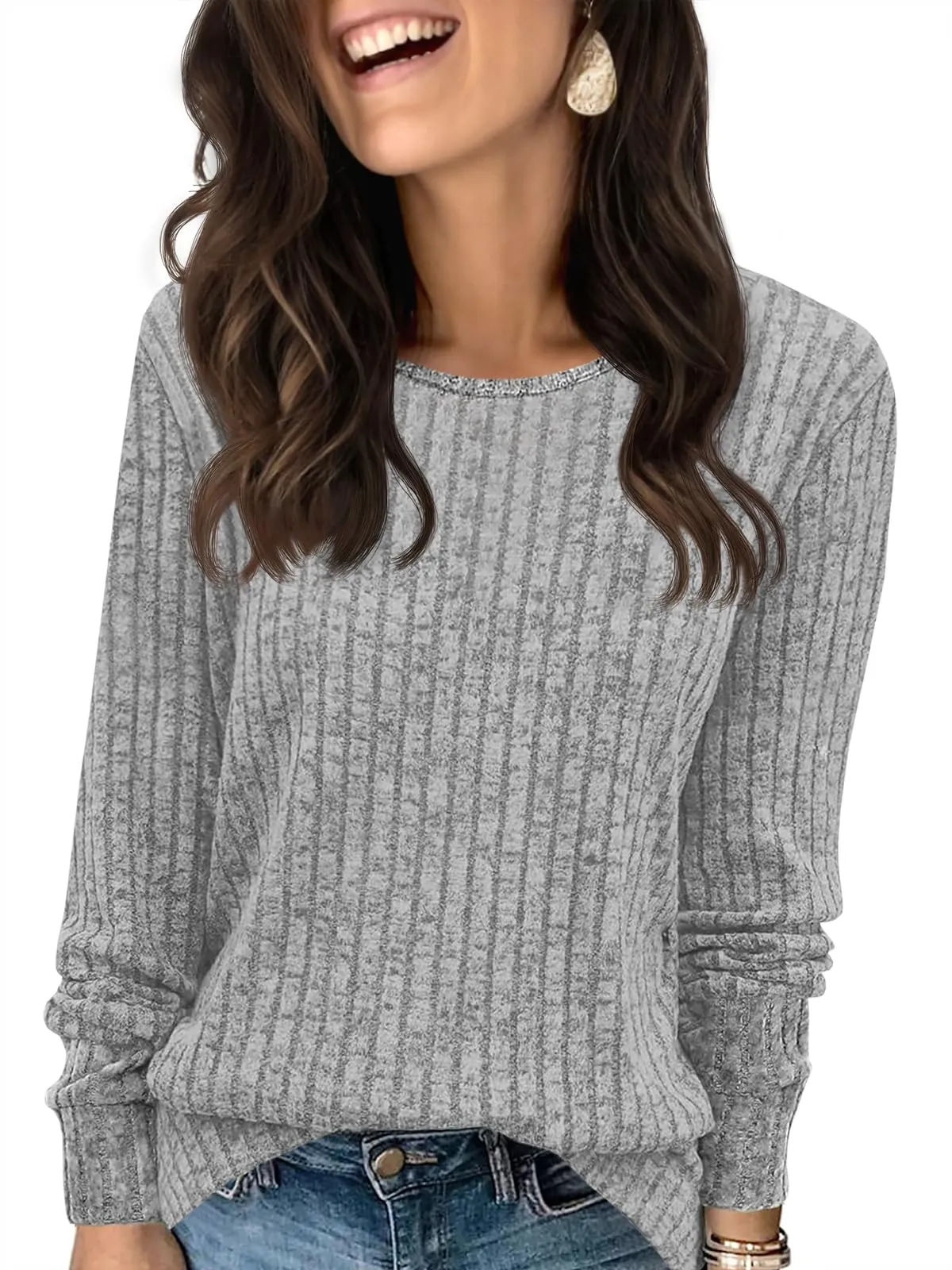 Fisoew Felpa da Donna con Scollo Rotondo, a Maniche Lunghe, Casual, vestibilità Larga, Tinta Unita, Grigio., M - immagine 1