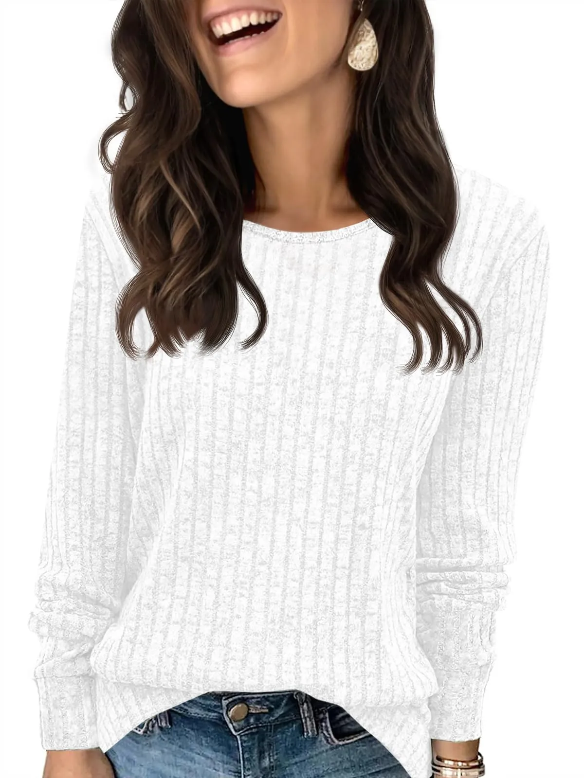 Fisoew Maglione da Donna, a Maniche Lunghe, Leggero, Girocollo, Casual, a Maglia, Bianco, S - immagine 1