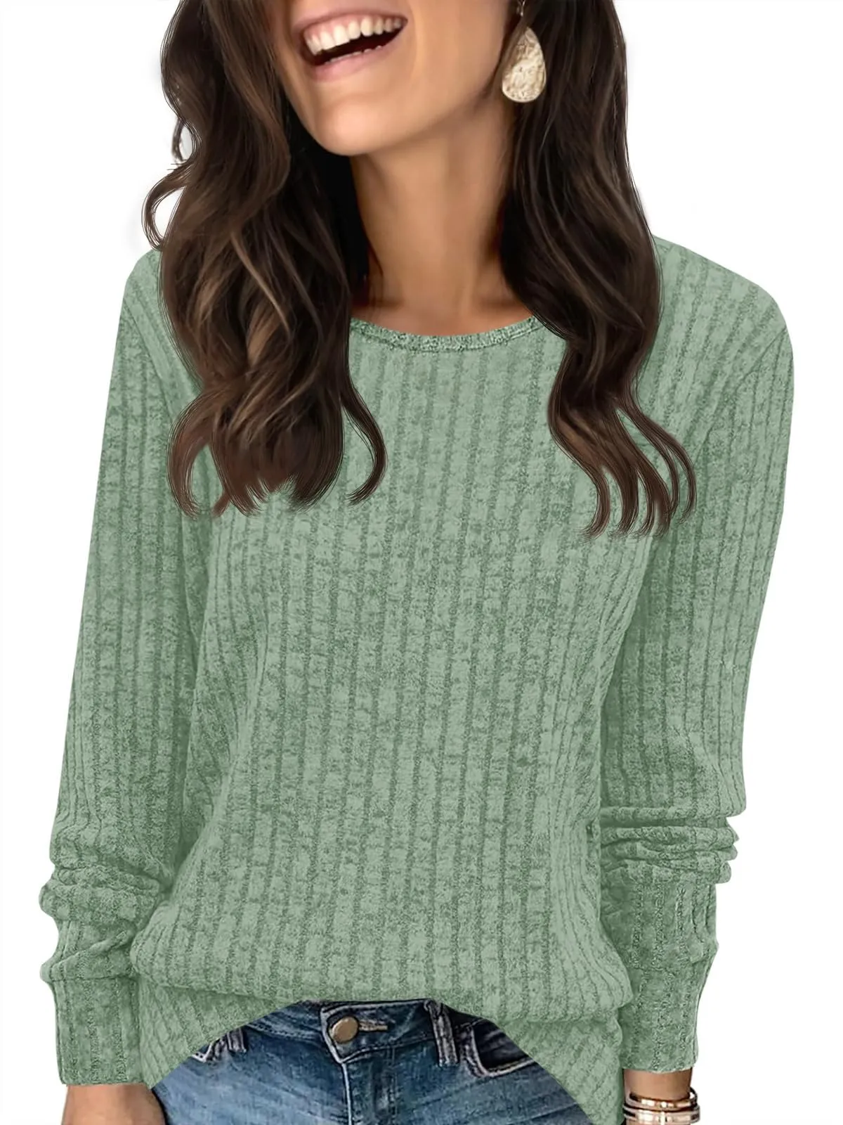 Fisoew Maglione da Donna, a Maniche Lunghe, Leggero, Girocollo, Casual, a Maglia, Verde Militare, XL - immagine 1