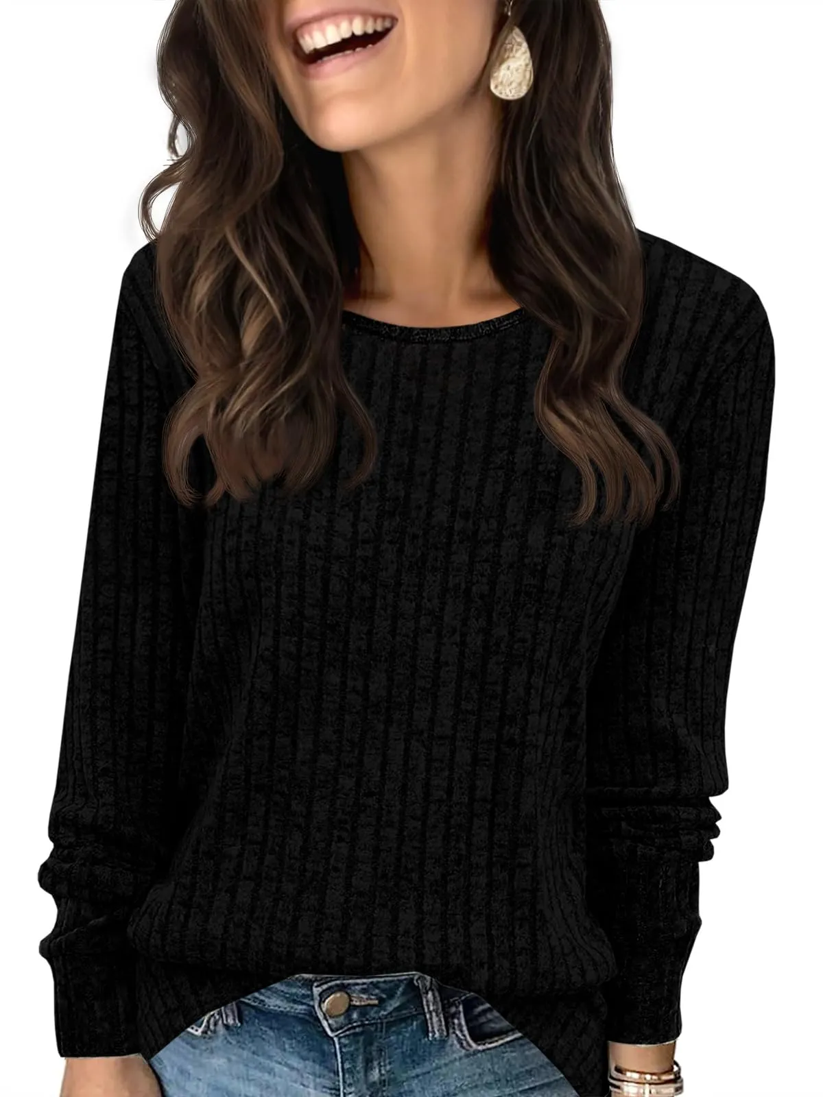 Fisoew Maglione da Donna, a Maniche Lunghe, Leggero, Girocollo, Casual, a Maglia, Nero, XL - immagine 1