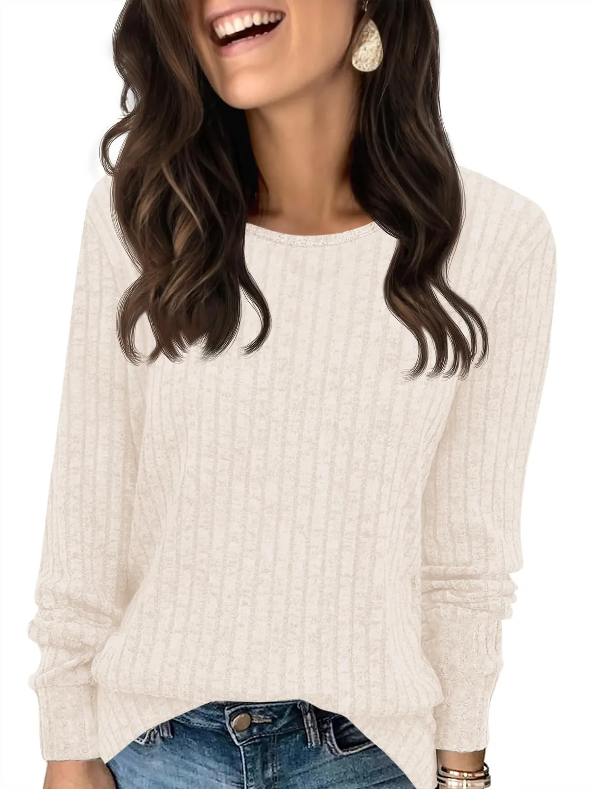 Fisoew Maglione da Donna, a Maniche Lunghe, Leggero, Girocollo, Casual, a Maglia, Albicocca, S - immagine 1