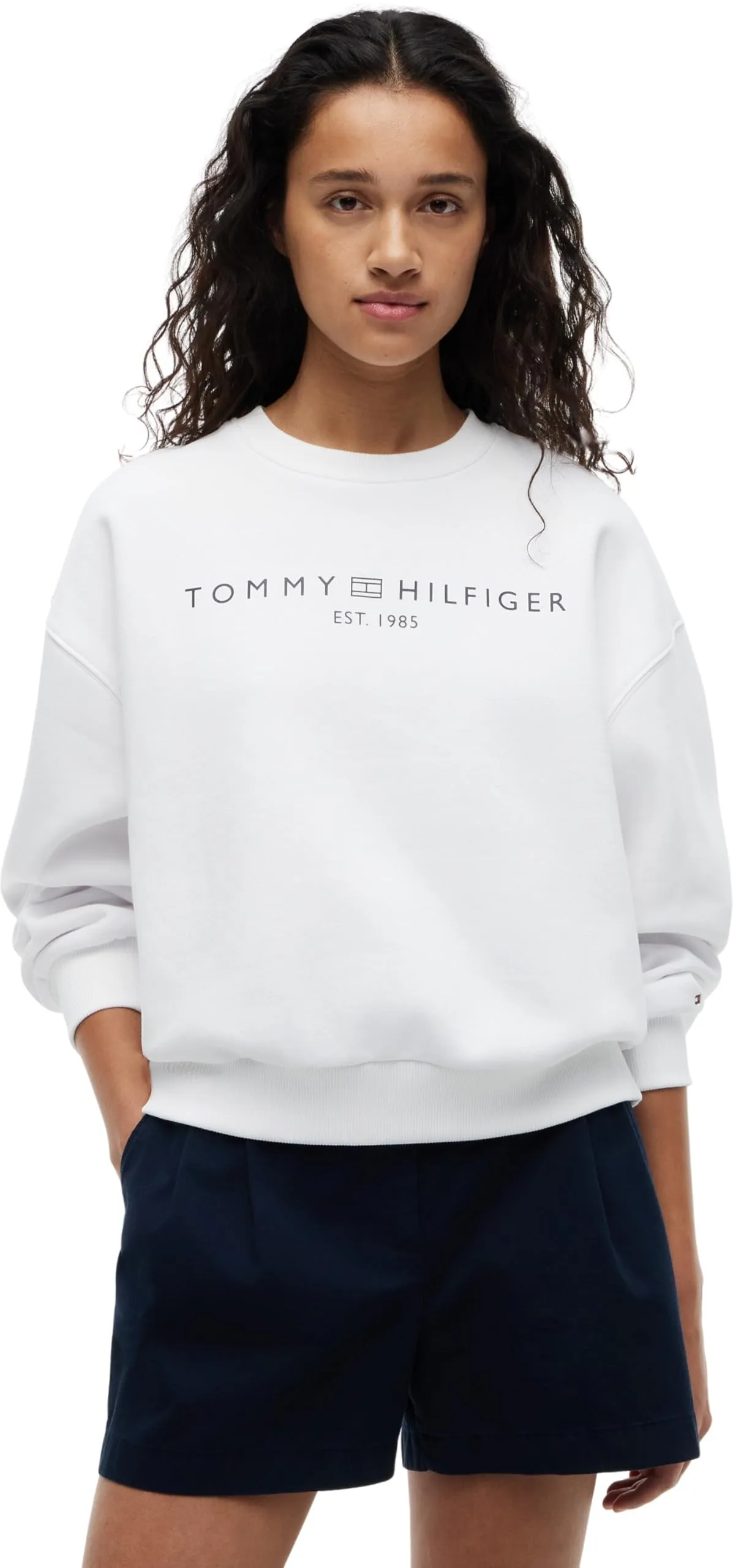 Tommy Hilfiger Donna Felpa Corp Logo Modern Relaxed Fit, Bianco (TH Optic White), L - immagine 1