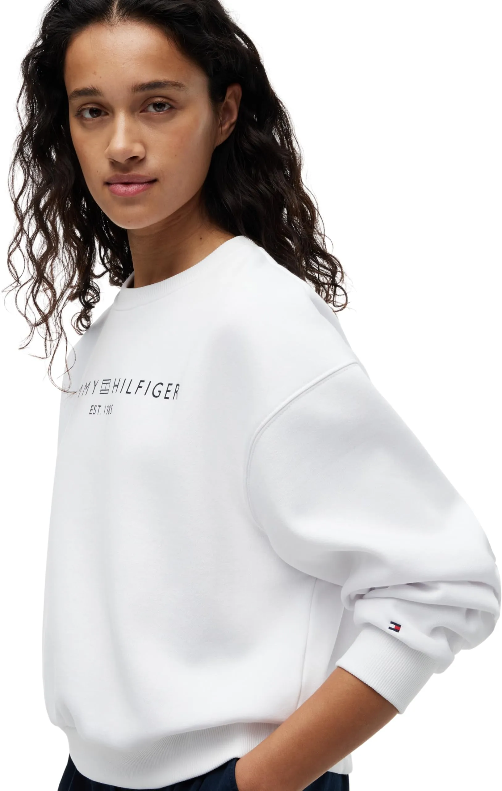 Tommy Hilfiger Donna Felpa Corp Logo Modern Relaxed Fit, Bianco (TH Optic White), L - immagine 3