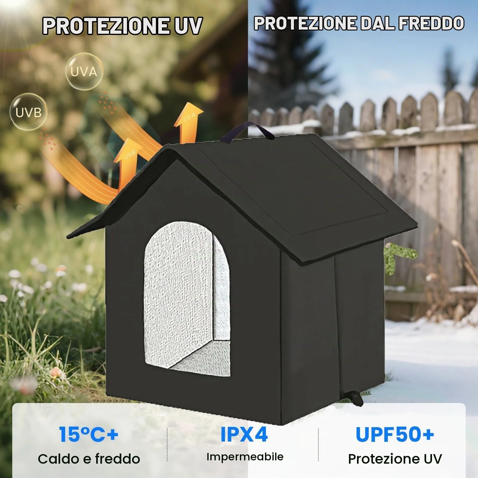 Casetta per gatti e cuccioli di cani per esterni, impermeabile, resistente all’inverno, con tenda trasparente rimovibile (L, nero 1) - immagine 3