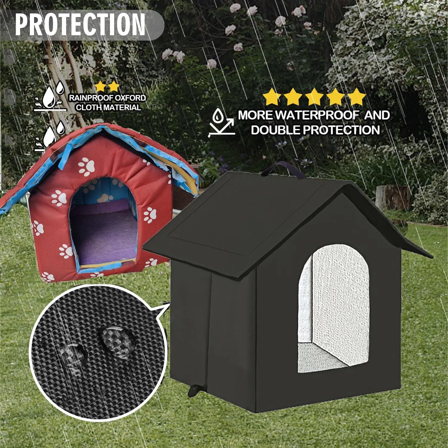 Casetta per gatti e cuccioli di cani per esterni, impermeabile, resistente all’inverno, con tenda trasparente rimovibile (L, nero 1) - immagine 4