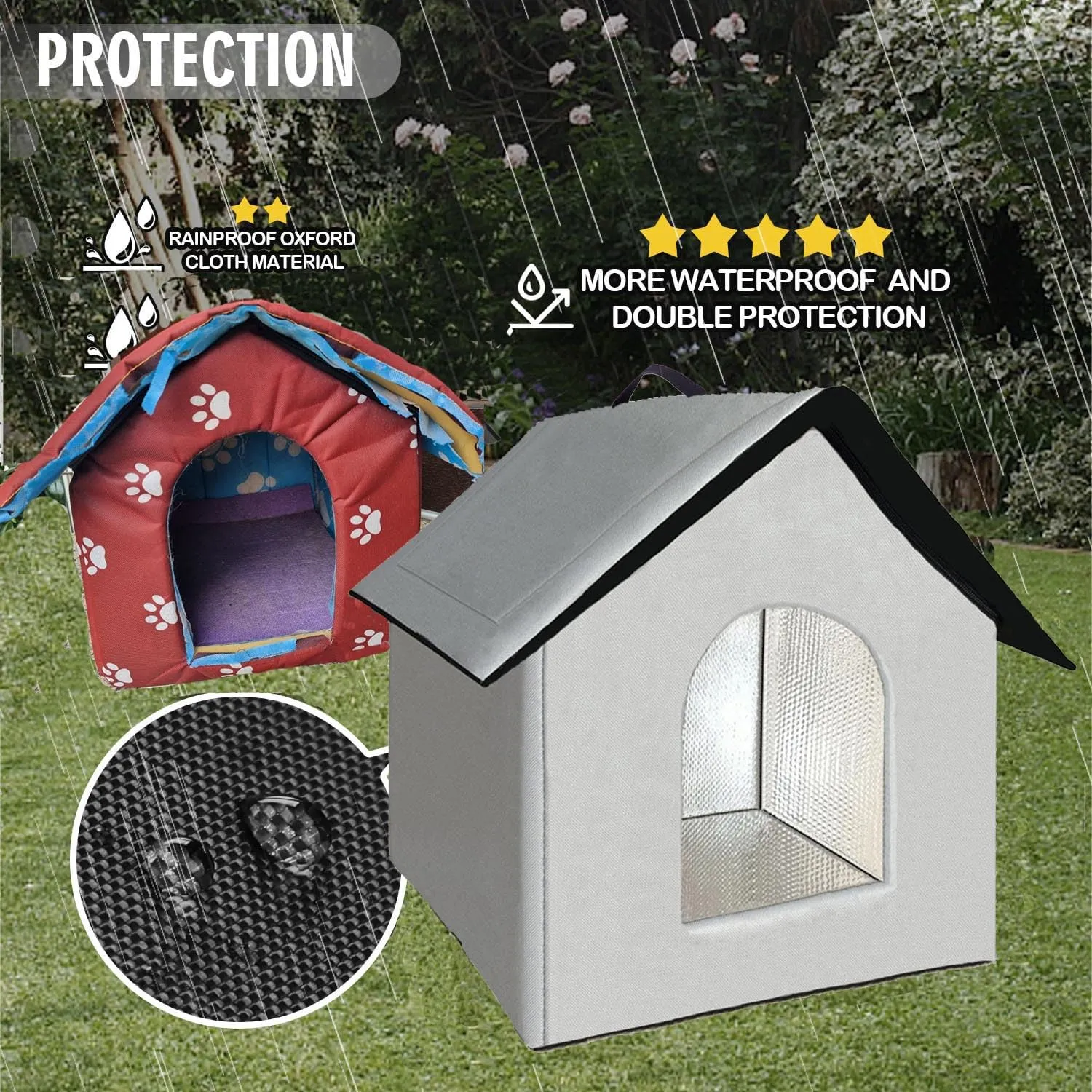 Casetta per gatti e cuccioli di cani per esterni, impermeabile, resistente all’inverno, con tenda trasparente rimovibile (L, grigio 1) - immagine 4