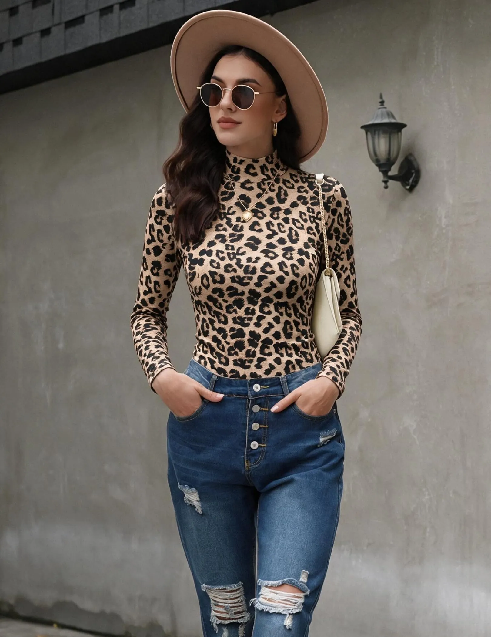 Zeagoo Maglietta Termica Donna Lupetto Manica Lunga Invernale Aderente Leopardo L - immagine 4