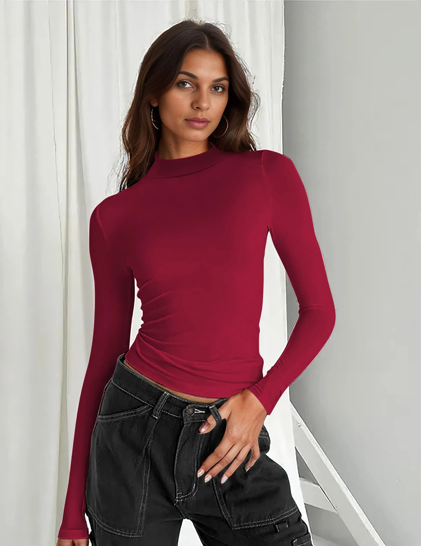 Zeagoo Maglia Termica Donna Collo Alto Dolcevita Manica Lunga Maglie Basic Rosso Scuro L - immagine 3