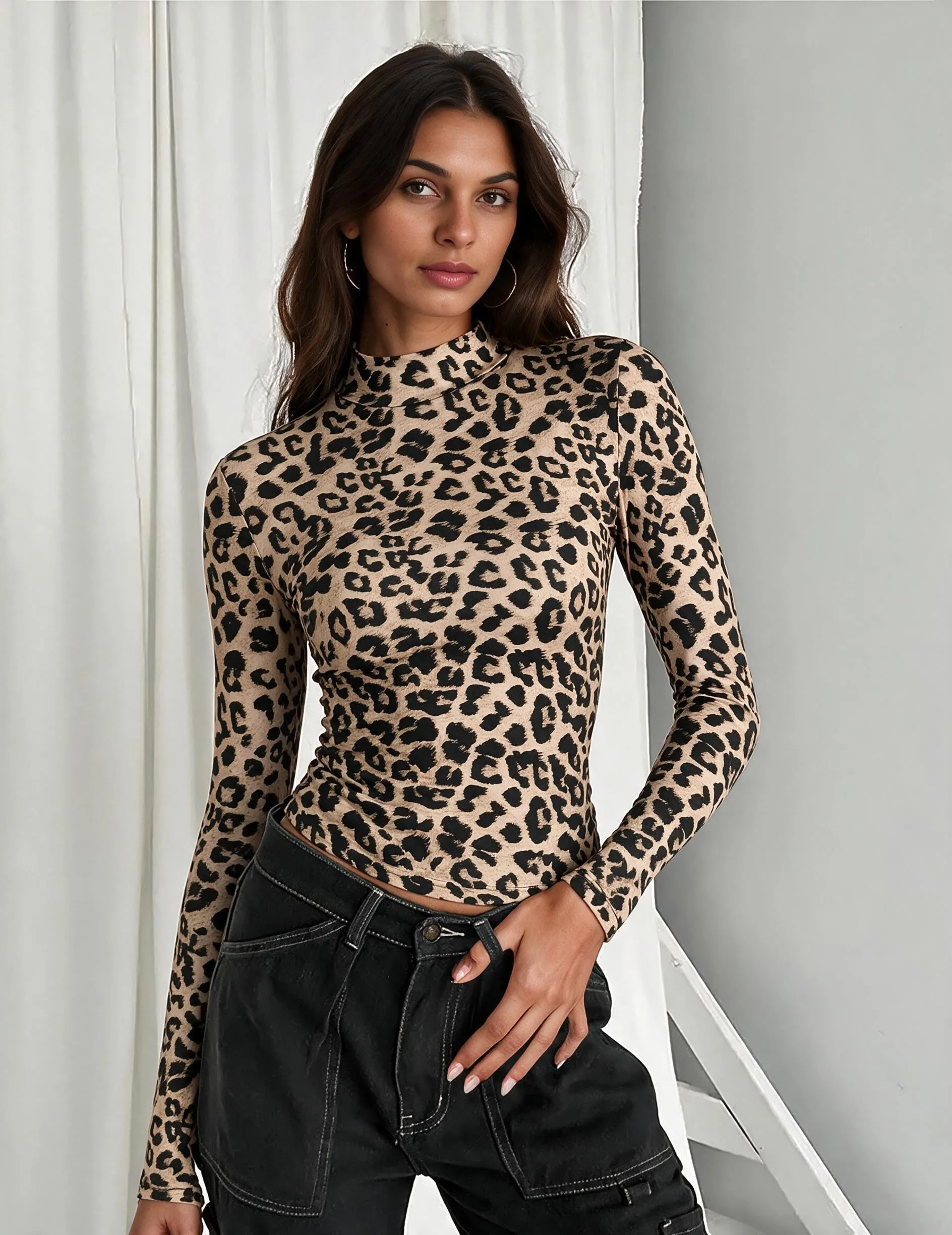 Zeagoo Dolcevita Donna Casuala Solido Maglia Elasticizzato Slim Fit Shirt Leopardo XL - immagine 3
