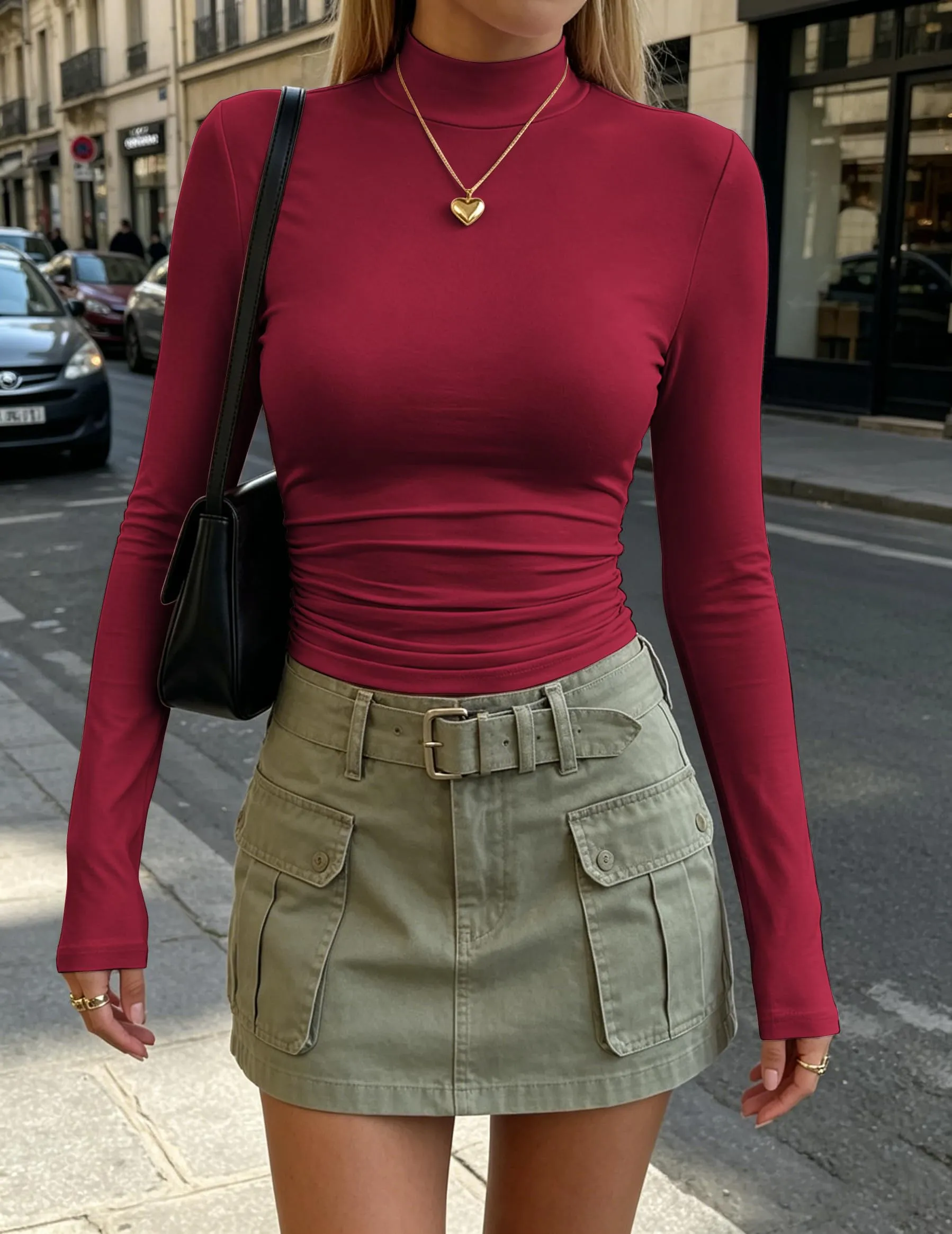 Zeagoo Maglietta Termica Donna Lupetto Manica Lunga Invernale Aderente Rosso Scuro XL - immagine 2