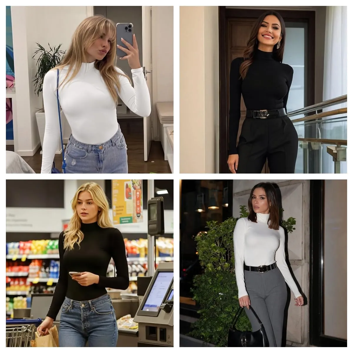 Zeagoo Maglia Termica Donna Collo Alto Dolcevita Manica Lunga Maglie Basic Z Nero e Bianco XXL - immagine 4