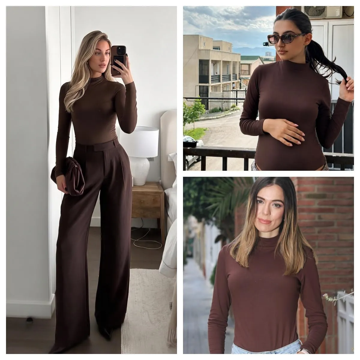 Zeagoo Maglie Termiche Donna Manica Lunga Maglietta Basic Tinta Unita Top Marrone S - immagine 5