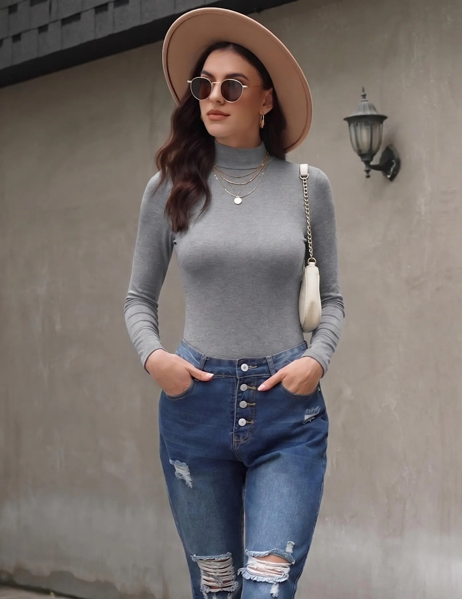 Zeagoo Dolcevita Donna Casuala Solido Maglia Elasticizzato Slim Fit Shirt Grigio Chiaro XXL - immagine 3