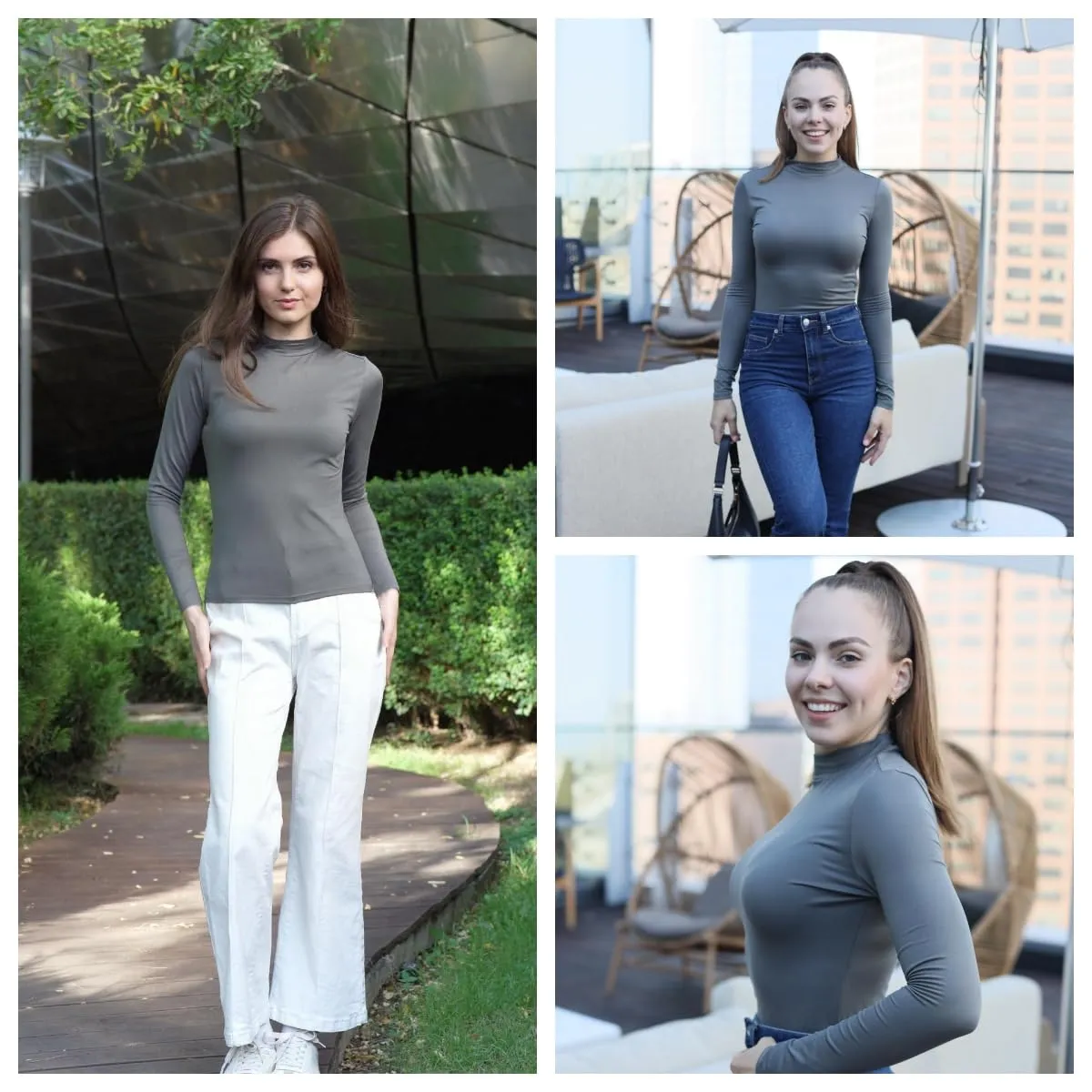 Zeagoo Dolcevita Donna Casuala Solido Maglia Elasticizzato Slim Fit Shirt Grigio Chiaro XXL - immagine 5