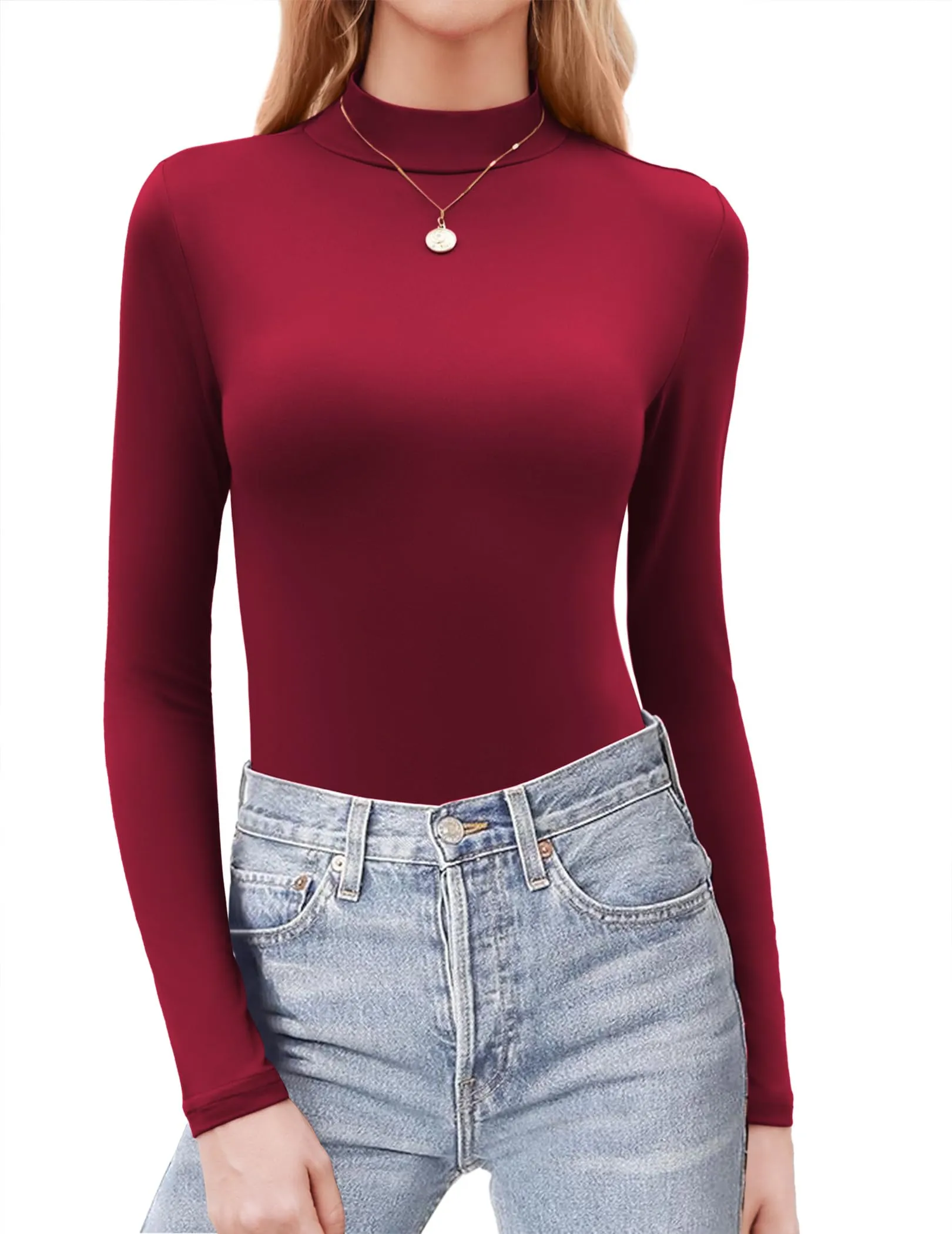 Zeagoo Maglie Termiche Donna Manica Lunga Maglietta Basic Tinta Unita Top Rosso Scuro M - immagine 1