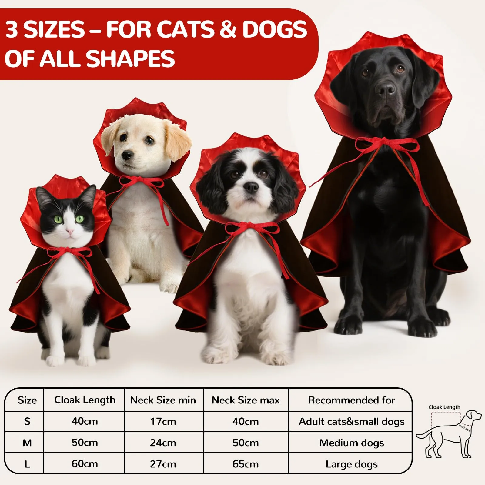 HSSPYY Mantello per cani, costumi di Halloween per cani di taglia grande, media e piccola, costume da vampiro per cuccioli, mantello per gatti, feste cosplay, rosso e nero - immagine 2