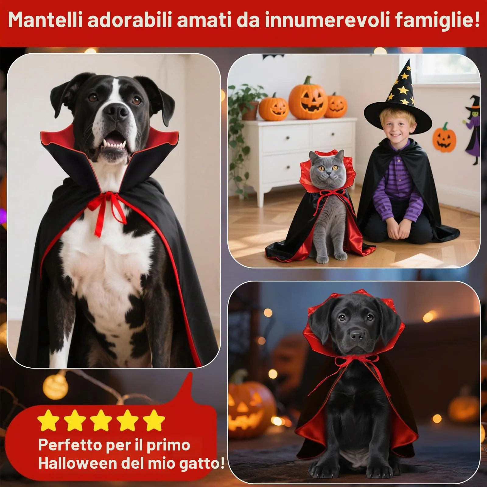 HSSPYY Mantello per cani, costumi di Halloween per cani di taglia grande, media e piccola, costume da vampiro per cuccioli, mantello per gatti, feste cosplay, rosso e nero - immagine 4
