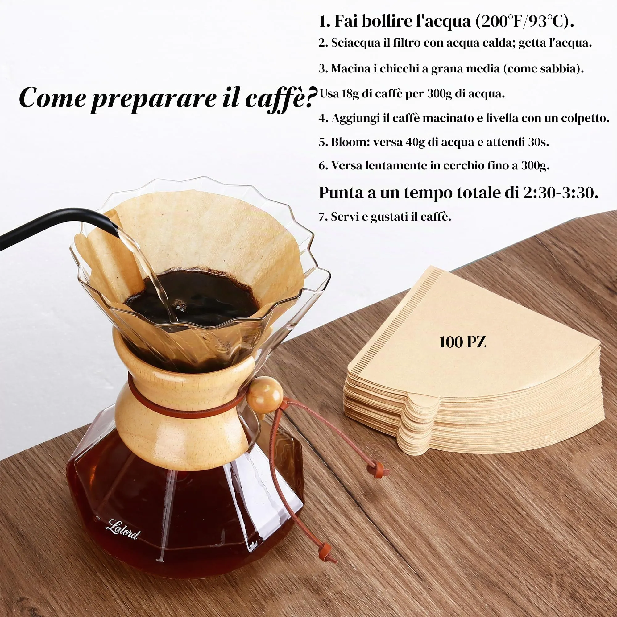 Lalord Caffettiera Pour-Over, 550 ml, in vetro borosilicato con 100 filtri di carta, anello in legno con cinturino in pelle, macchina per caffè filtro (Trasparente, 550 ml (solo filtri di carta)) - immagine 2