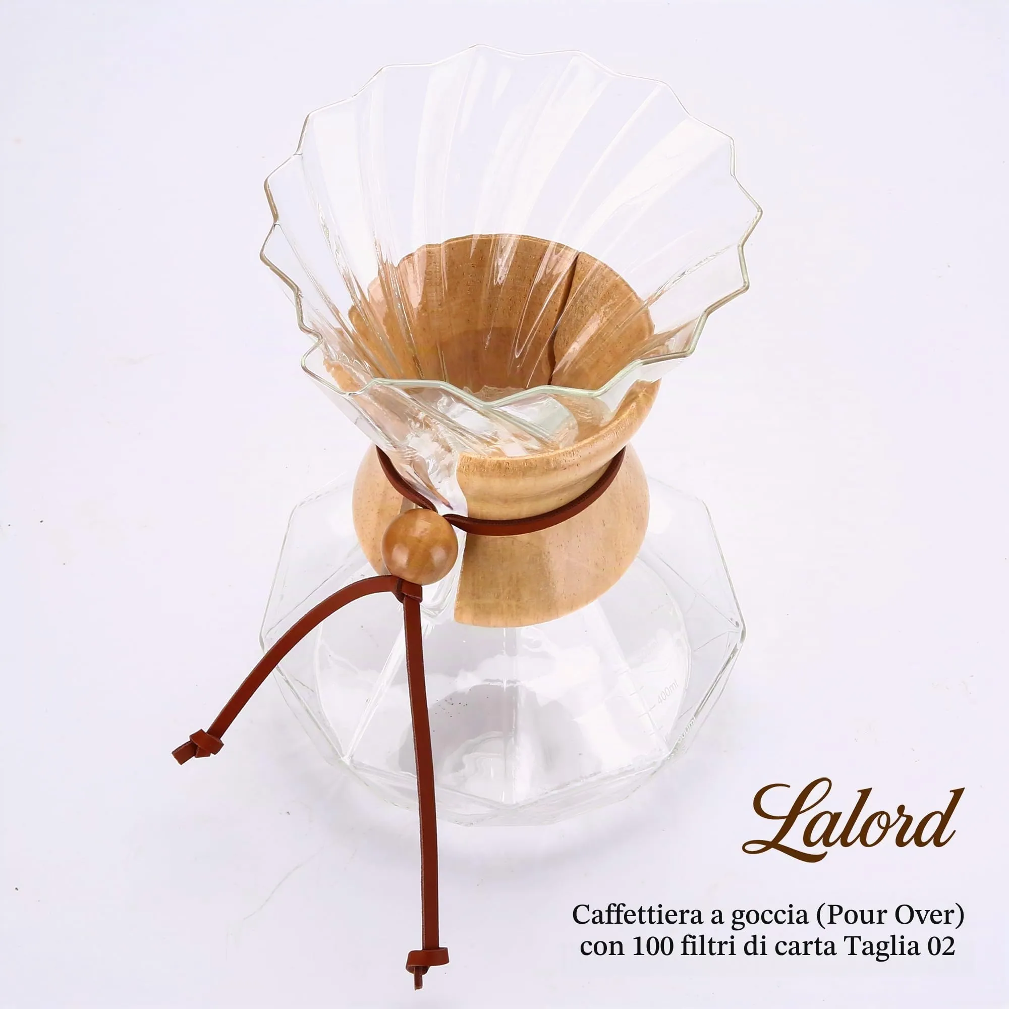 Lalord Caffettiera Pour-Over, 550 ml, in vetro borosilicato con 100 filtri di carta, anello in legno con cinturino in pelle, macchina per caffè filtro (Trasparente, 550 ml (solo filtri di carta)) - immagine 3