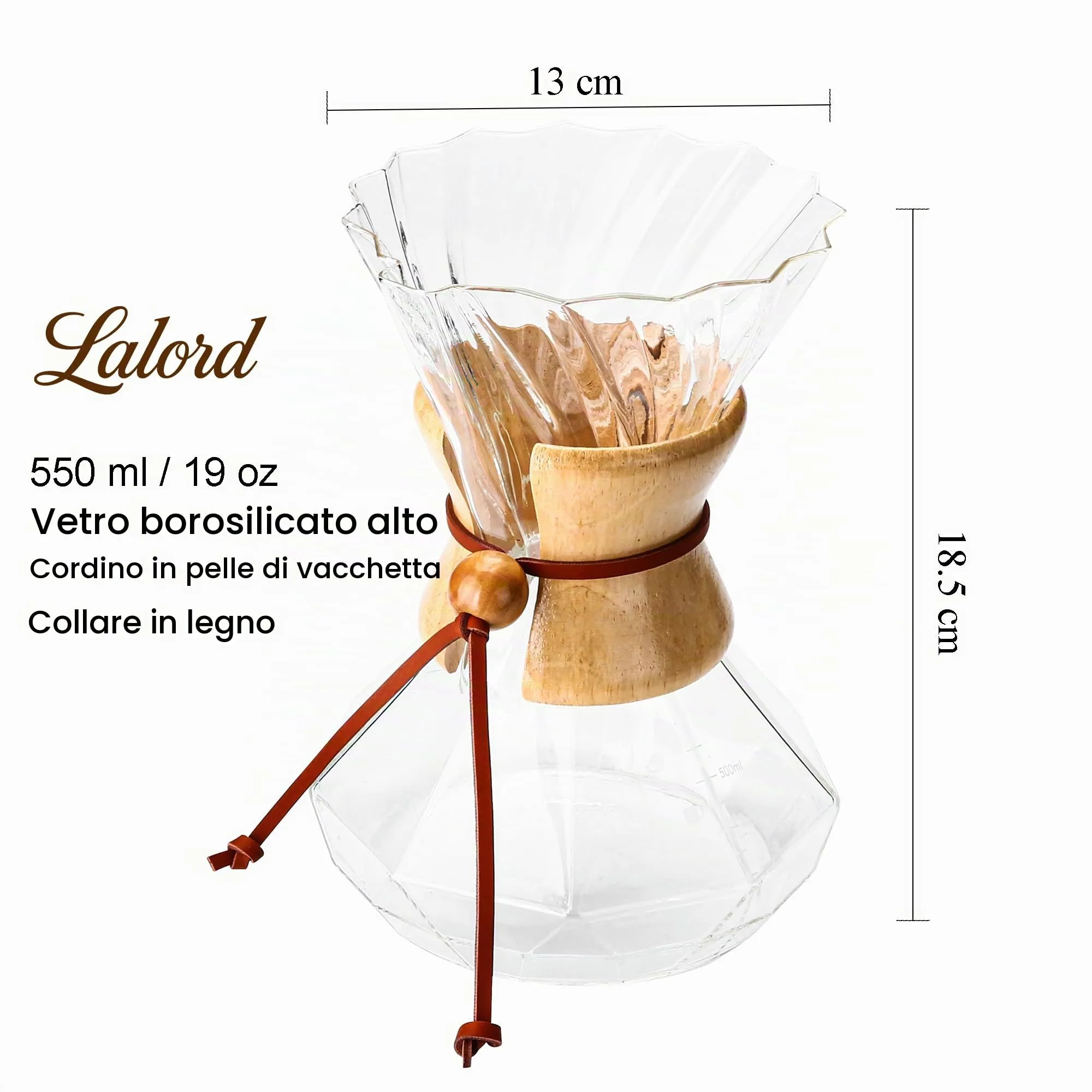 Lalord Caffettiera Pour-Over, 550 ml, in vetro borosilicato con 100 filtri di carta, anello in legno con cinturino in pelle, macchina per caffè filtro (Trasparente, 550 ml (solo filtri di carta)) - immagine 4
