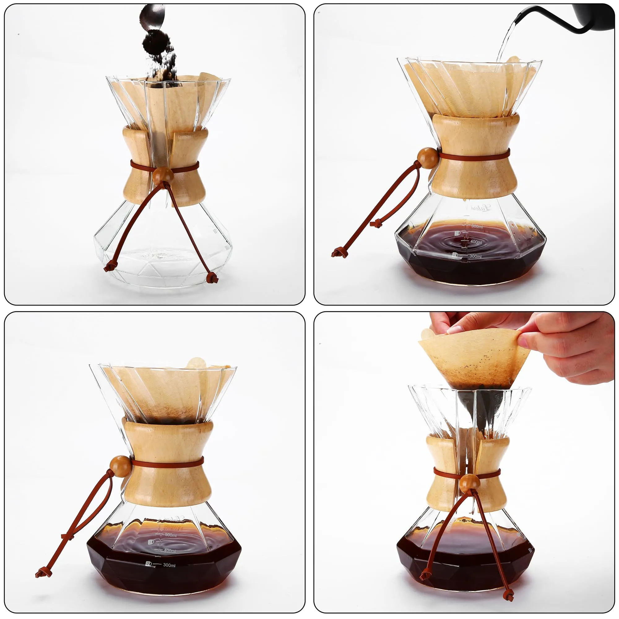 Lalord Caffettiera Pour-Over, 550 ml, in vetro borosilicato con 100 filtri di carta, anello in legno con cinturino in pelle, macchina per caffè filtro (Trasparente, 550 ml (solo filtri di carta)) - immagine 5