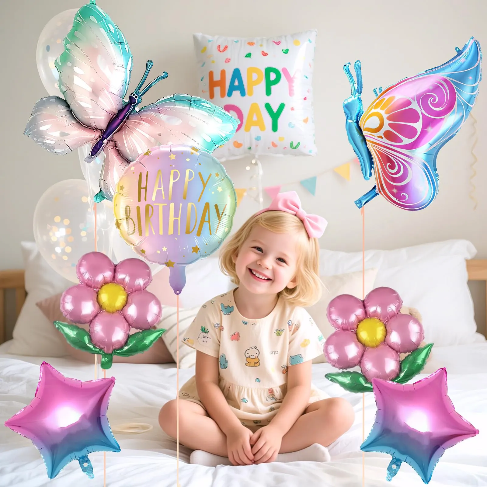 7 Pezzi Palloncini Farfalle CompLeanno, Palloncini Fiori e Farfalle - immagine 7