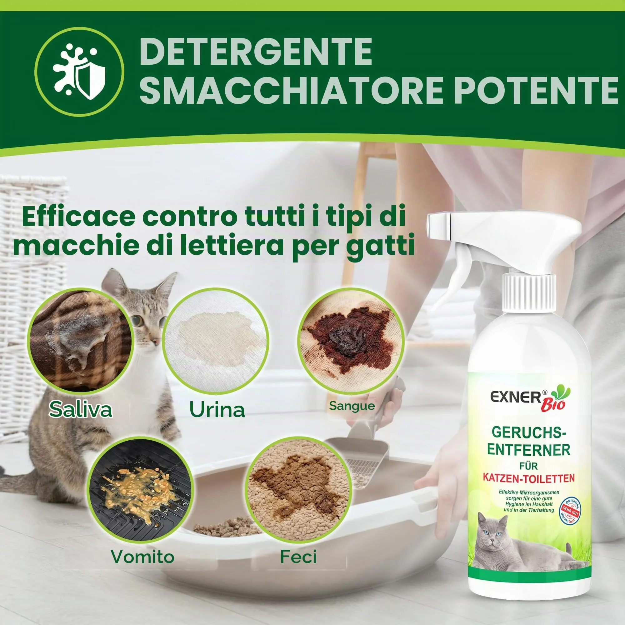 Exner Bio Detergente enzimatico per lettiera per gatti, elimina odori e neutralizzatore di odori contro urina di gatto, escrementi di gatti e odori, con microrganismi efficaci per una rimozione - immagine 3