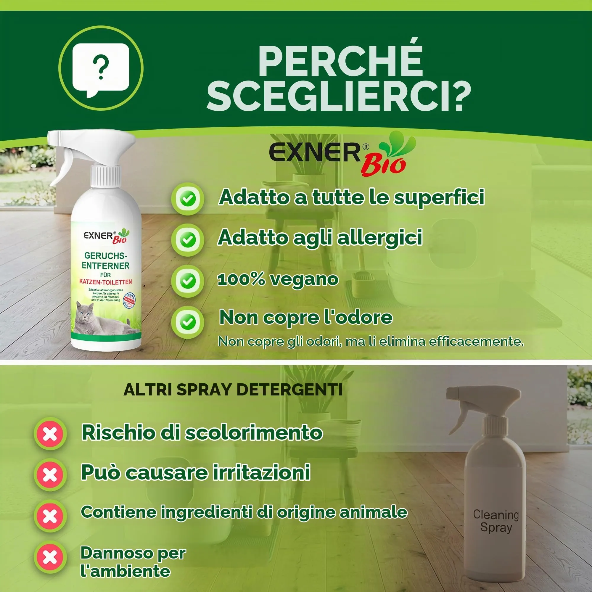 Exner Bio Detergente enzimatico per lettiera per gatti, elimina odori e neutralizzatore di odori contro urina di gatto, escrementi di gatti e odori, con microrganismi efficaci per una rimozione - immagine 7