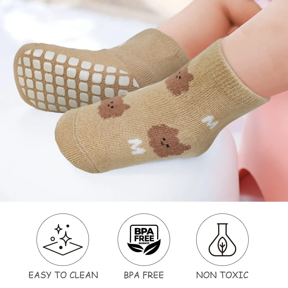 Vicloon Calzini Antiscivolo, 5 Paia per Bambini a Tubo Medio, in Cotone, per Neonato 1-3 Anni, Natale Compleanno Regalo, Motivi Animali - immagine 6
