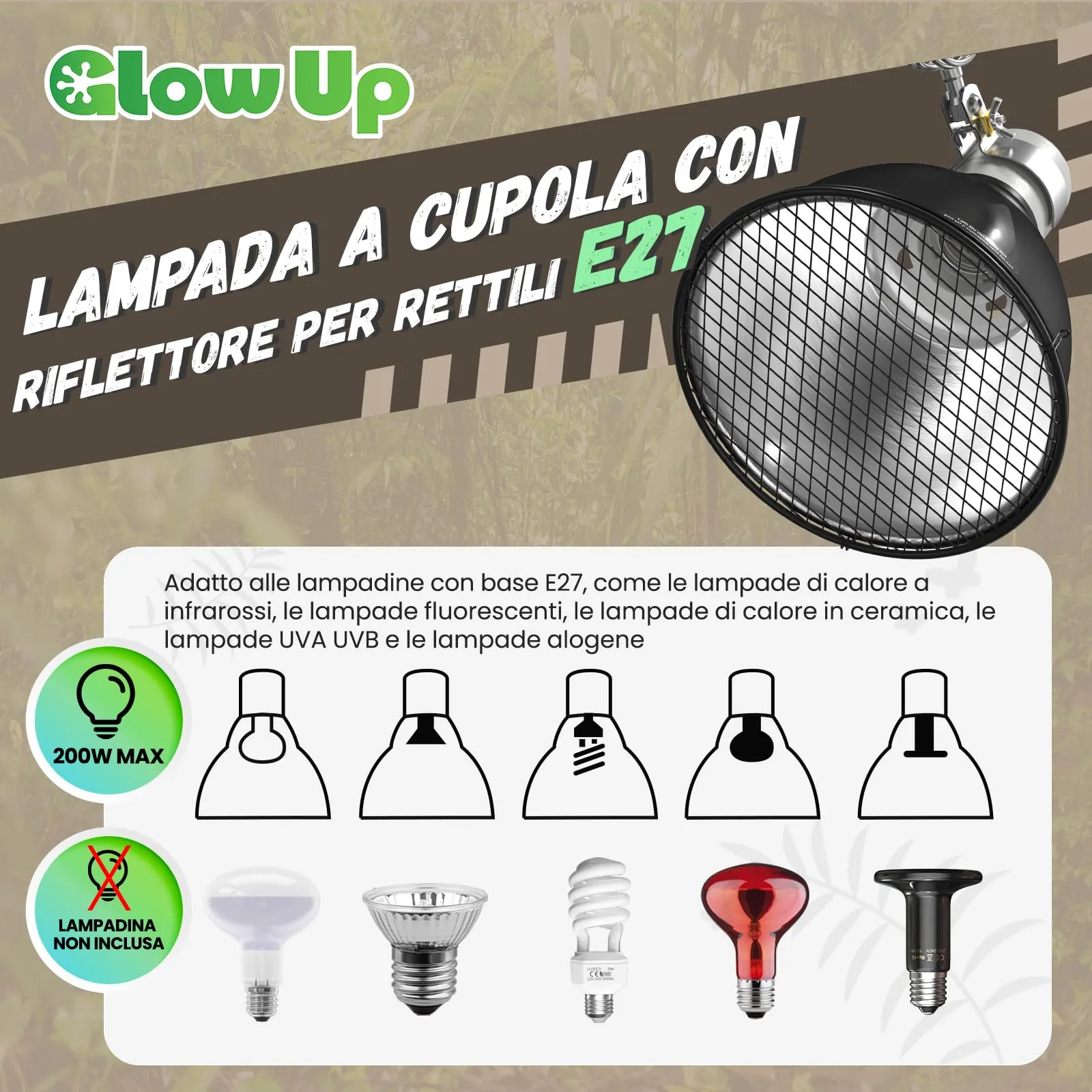 GlowUp Rettile Portalampada Riscaldante per Tartarughe, 5.5 Pollici E27 160W Riflettore Porta Lampada per Rettili, Lampada Riscaldante Tartarughe Rettili per Lampadine UVA UVB, Lampadine Infrarossi - immagine 6
