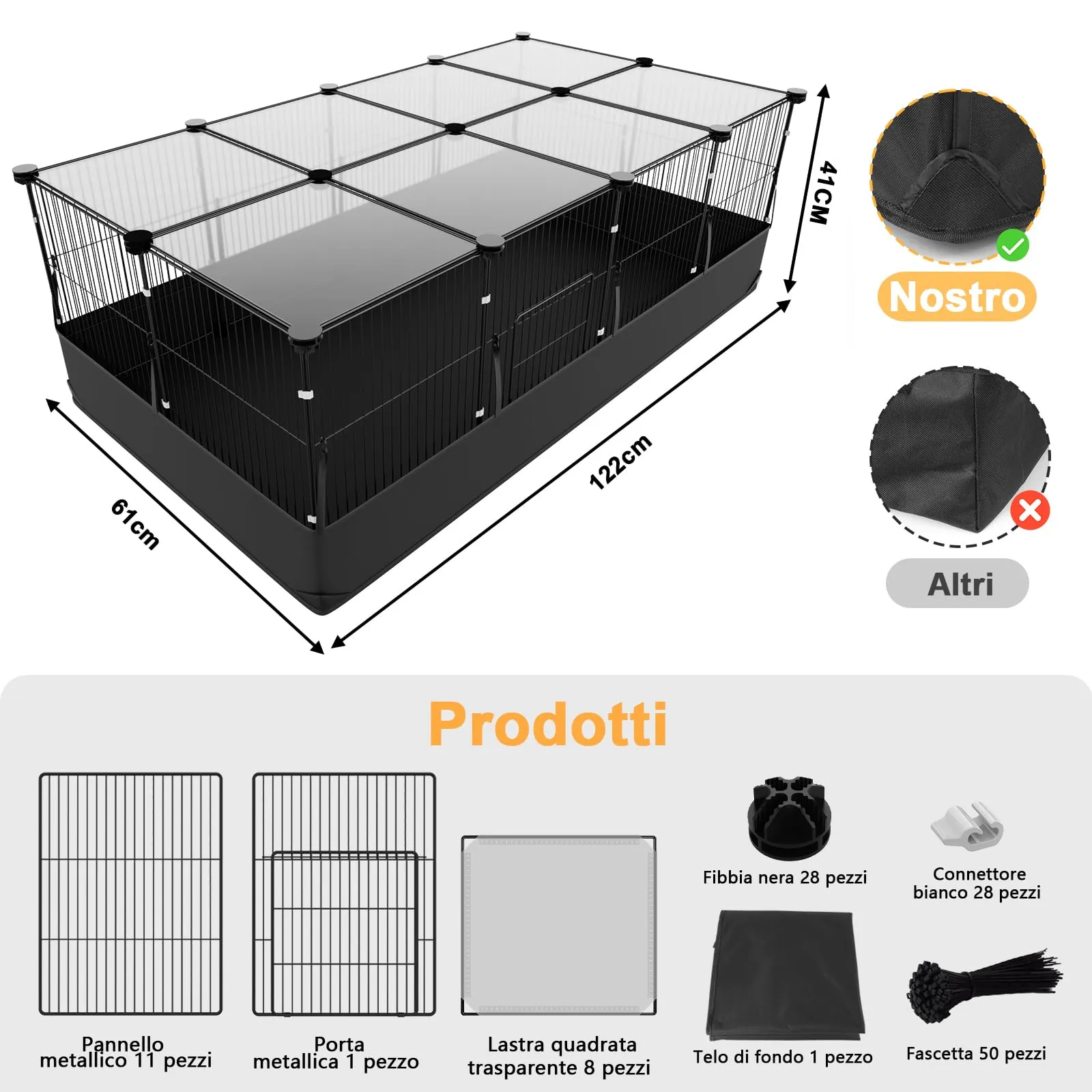 Gabbia per Conigli Aystkniet, 122 cm x 60 cm x 40 cm Recinto per Porcellini D’India con Copertura Superiore e Fondo Impermeabile, Spazio per Piccoli Animali Come Criceti, Tartarughe, Ricci - immagine 2