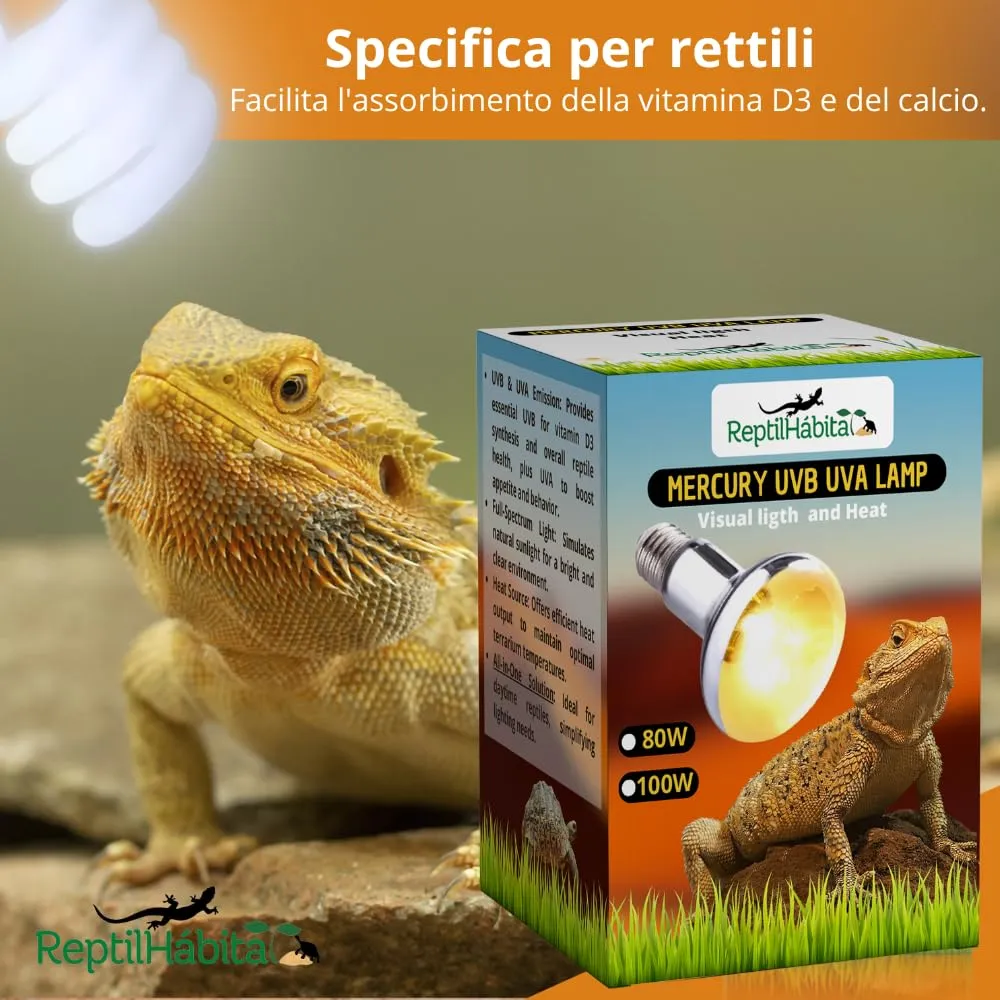 ReptilHábitat – Lampada UVB UVA con Calore per Rettili 100W – Lampada ai Vapori di Mercurio Tutto in Uno per Terrari – Luce Solare Artificiale con Protezione Termica - immagine 3