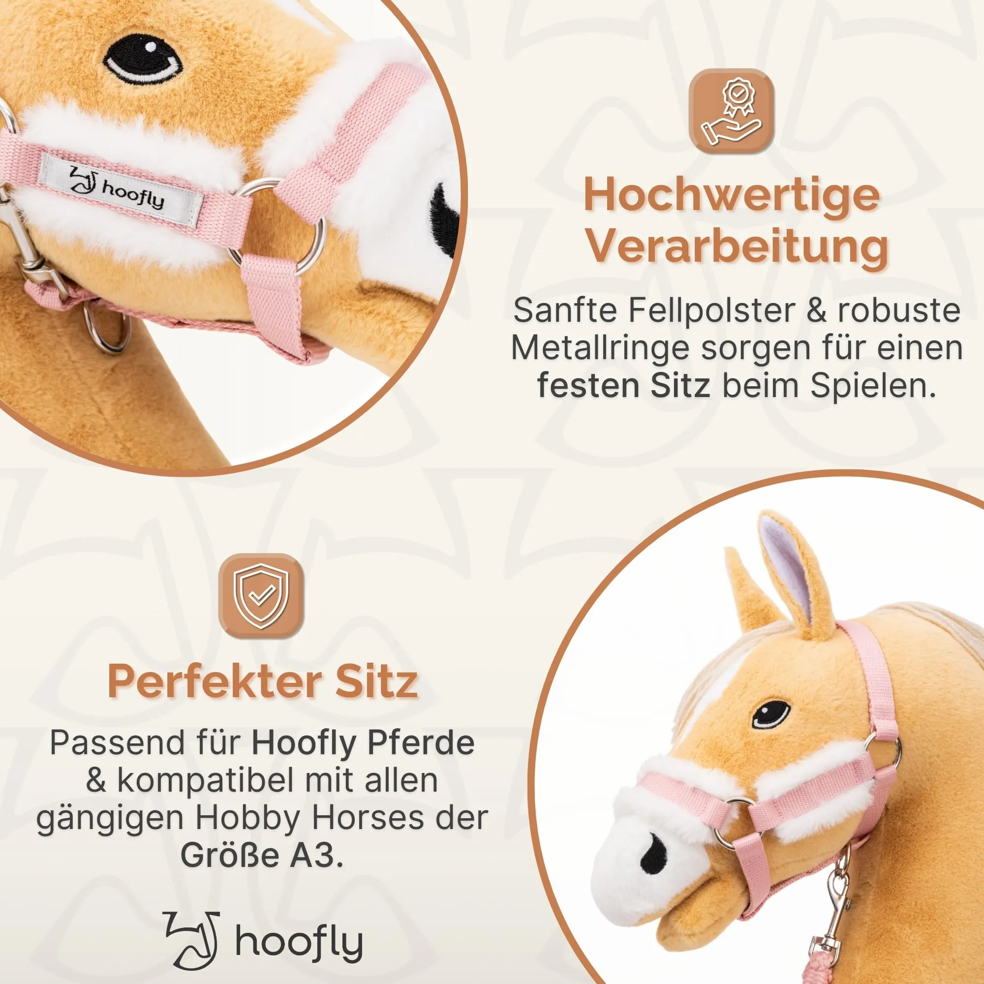 Hoofly Accessori Hobby Horse – Cavezza in rosa con corda e moschettone [certificato TÜV] per hobby horse in dimensioni DIN A3 – Attrezzatura di alta qualità nel set – Ideale per gioco e allenamento - immagine 4
