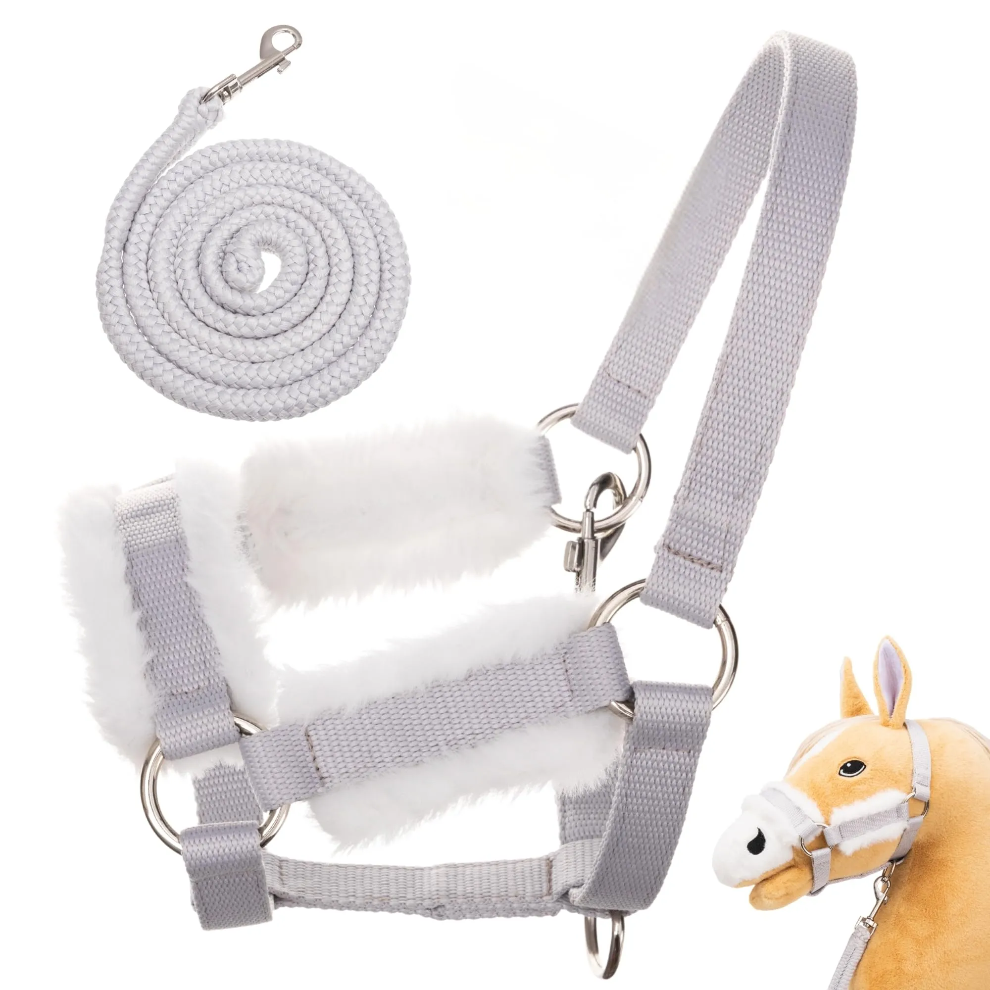 Hoofly Hobby Horse accessori, cavezza in grigio, con lavoro a maglia e moschettone, testato TÜV, per cavalli a bastone in formato DIN A3, set di equipaggiamento di alta qualità, ideale per gioco e - immagine 1