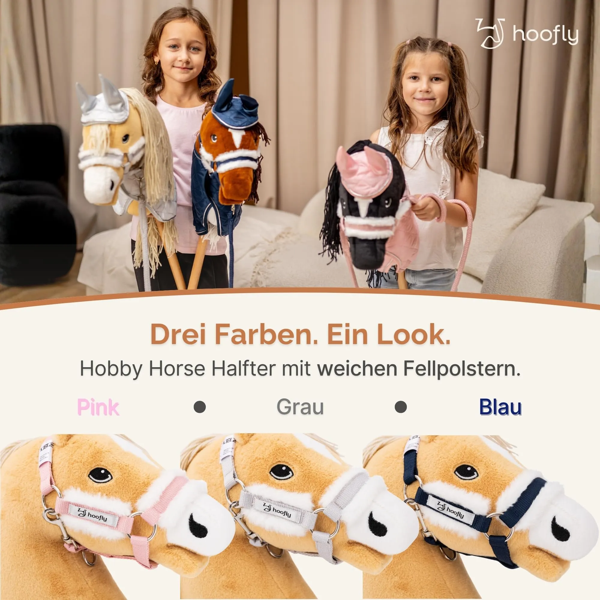 Hoofly Hobby Horse accessori, cavezza in grigio, con lavoro a maglia e moschettone, testato TÜV, per cavalli a bastone in formato DIN A3, set di equipaggiamento di alta qualità, ideale per gioco e - immagine 2