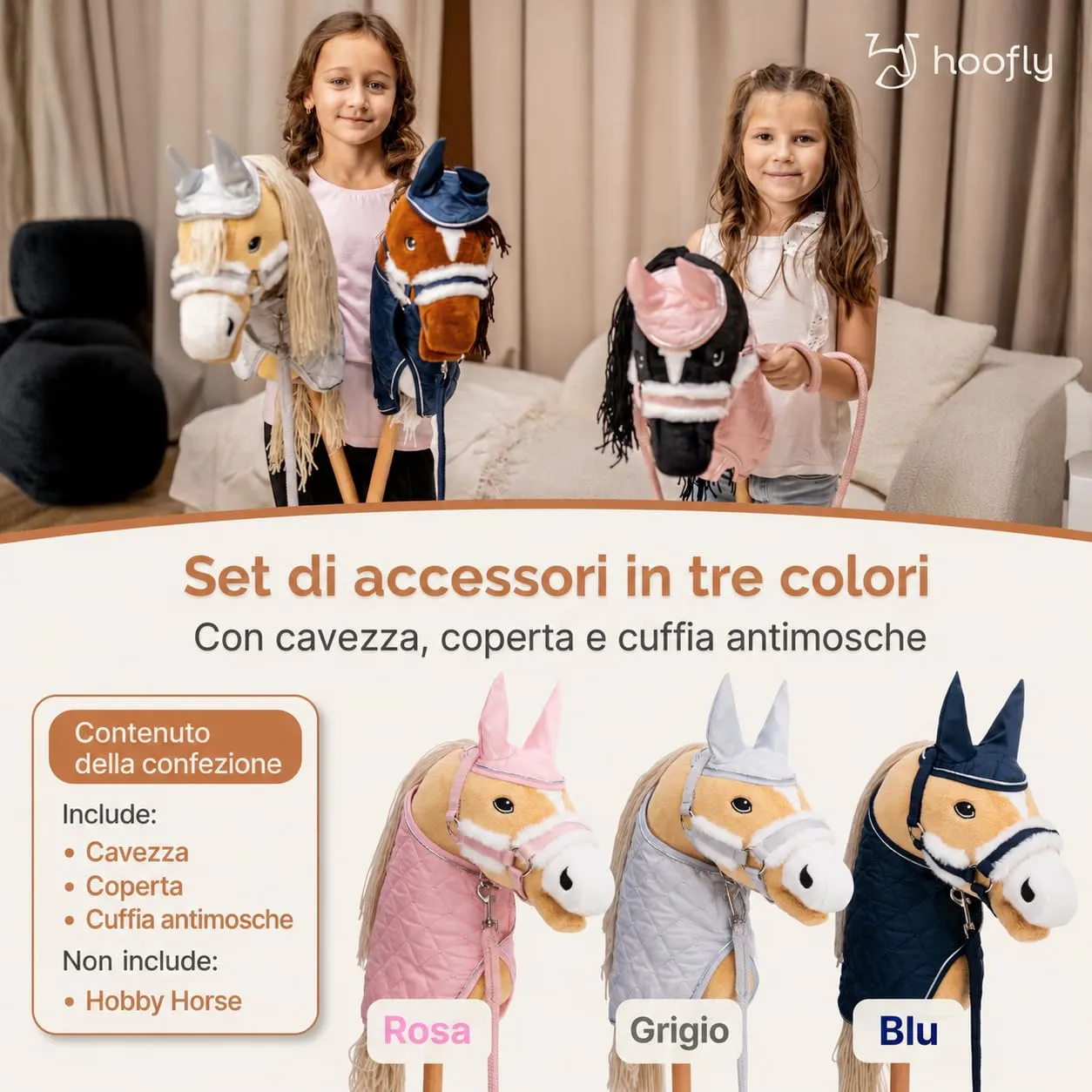 Hoofly Hobby Horse Set di Accessori – Cavezza con Corda, Coperta e Cappuccio Antimosche in Rosa per Hobby Horse [Certificato TÜV] – Ideale per Gioco, Allenamento e Piccoli Tornei - immagine 2