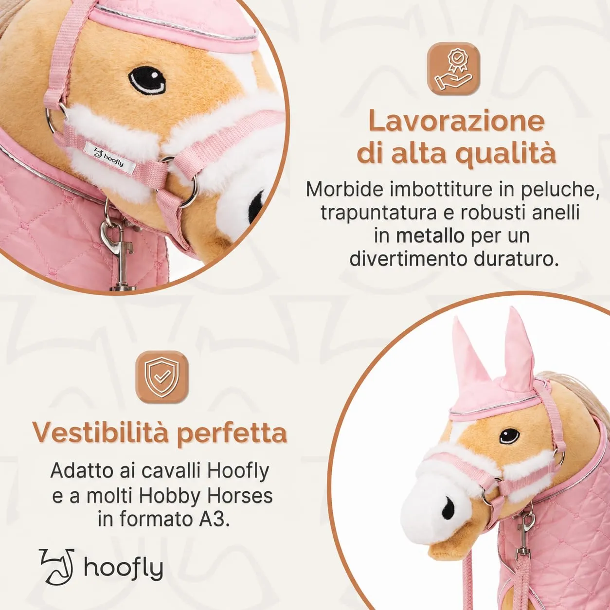Hoofly Hobby Horse Set di Accessori – Cavezza con Corda, Coperta e Cappuccio Antimosche in Rosa per Hobby Horse [Certificato TÜV] – Ideale per Gioco, Allenamento e Piccoli Tornei - immagine 4