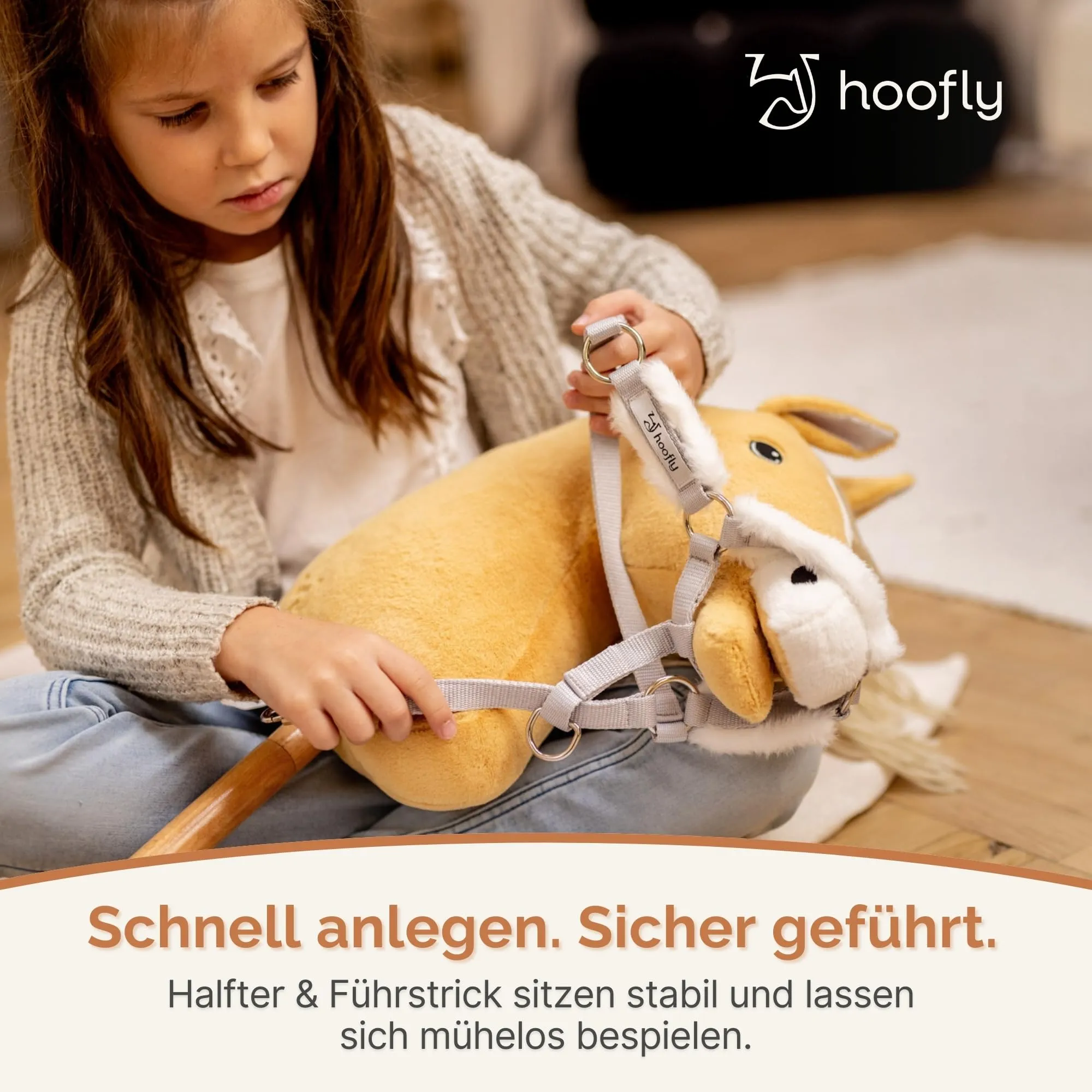 Hoofly Accessori per Hobby Horse – Cavezza in blu, con corda e moschettone [certificato TÜV] per cavalli a bastone di dimensioni DIN A3 – Attrezzatura di alta qualità in set – Ideale per gioco e - immagine 5