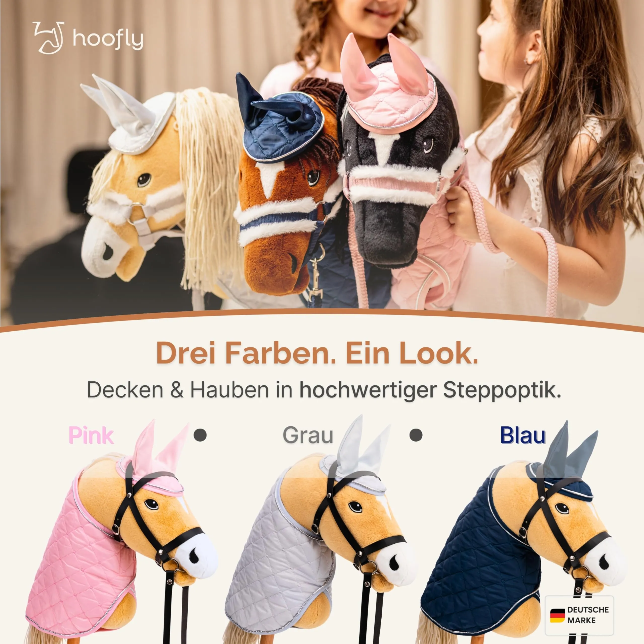 Hoofly Hobby Horse - Kit di accessori per Hobby Horses - Coperta e berretto antimosche grigia [certificato TÜV] - Attrezzatura di alta qualità in kit - ideale per il gioco e l'allenamento - immagine 2